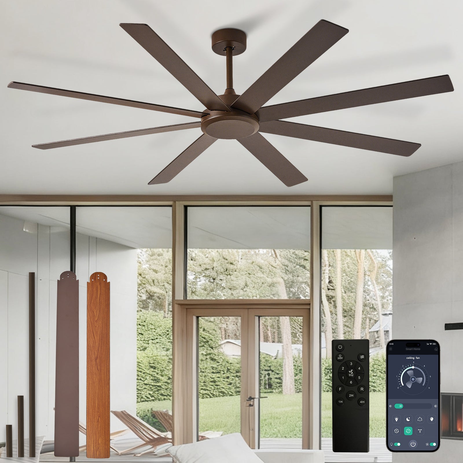 Dovanpaul 66 Inch Large Ceiling Fan Modern 8 Blade Black and Walnut Indoor Outdoor Fans with Remote App Control Dimmable Light Ultra Quiet DC Motor Reversible 6 Speed Timer