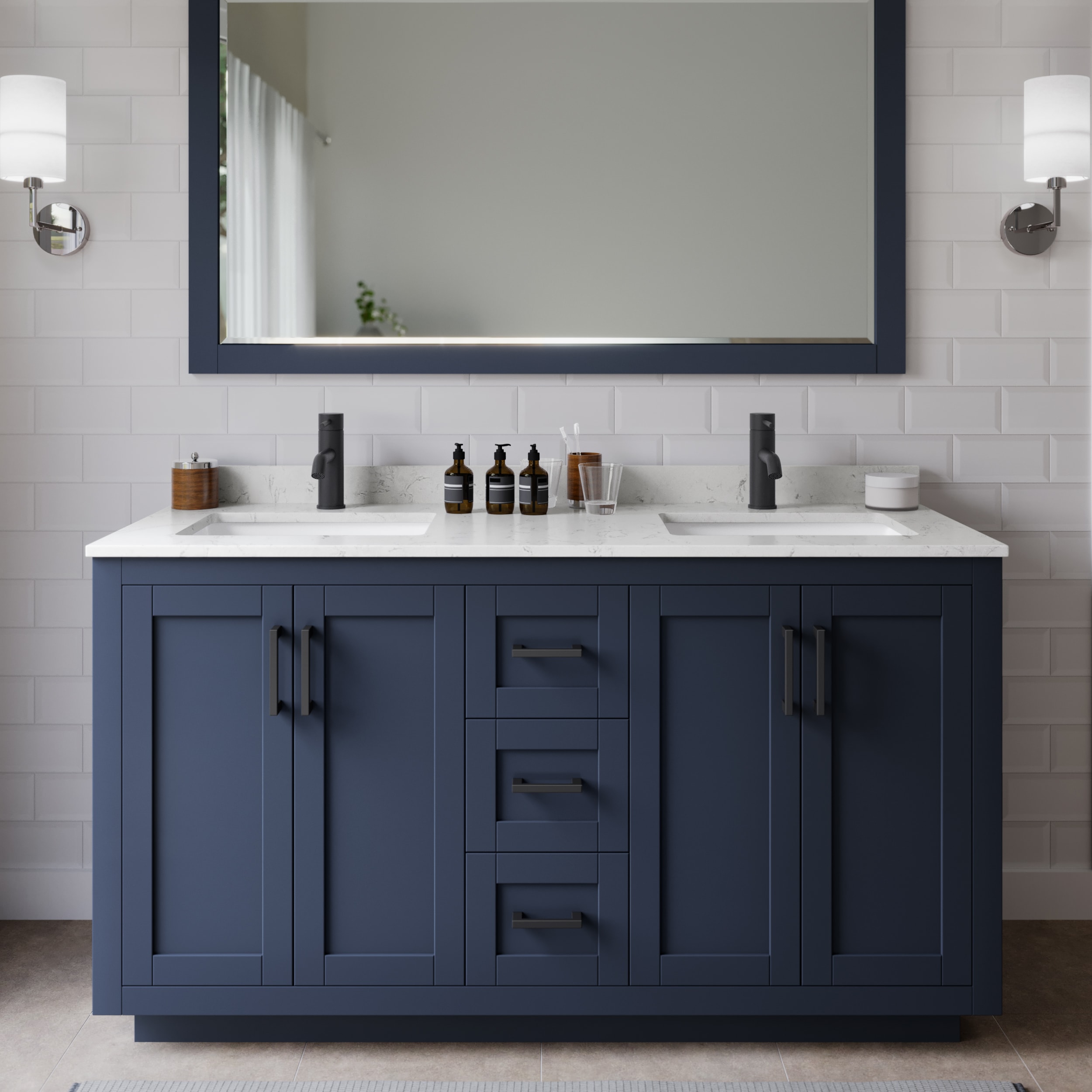 Wyndham Collection WCF292960DBBC2UNSMXX Miranda 60-in Dark Blue with Matte Black Trim Undermount Double sink Bathroom Vanity with Carrara Cultured Marble Cultured marble Top