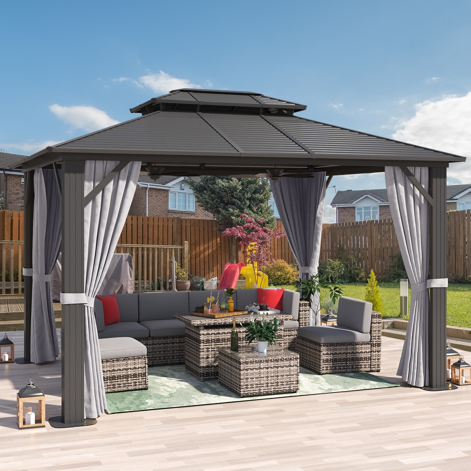 12-ft x 10-ft Metal Gazebo Rectangle Gray Metal Steel Roof Gazebo with Screen Included Polyester | - AOXUN G30005