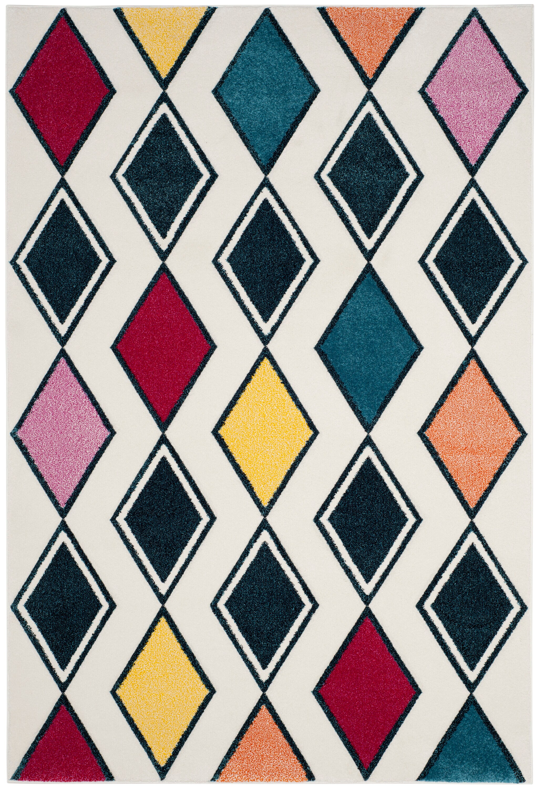 Ivory and Peacock Blue Geometric Rectangular Area Rug, 4' x 6'