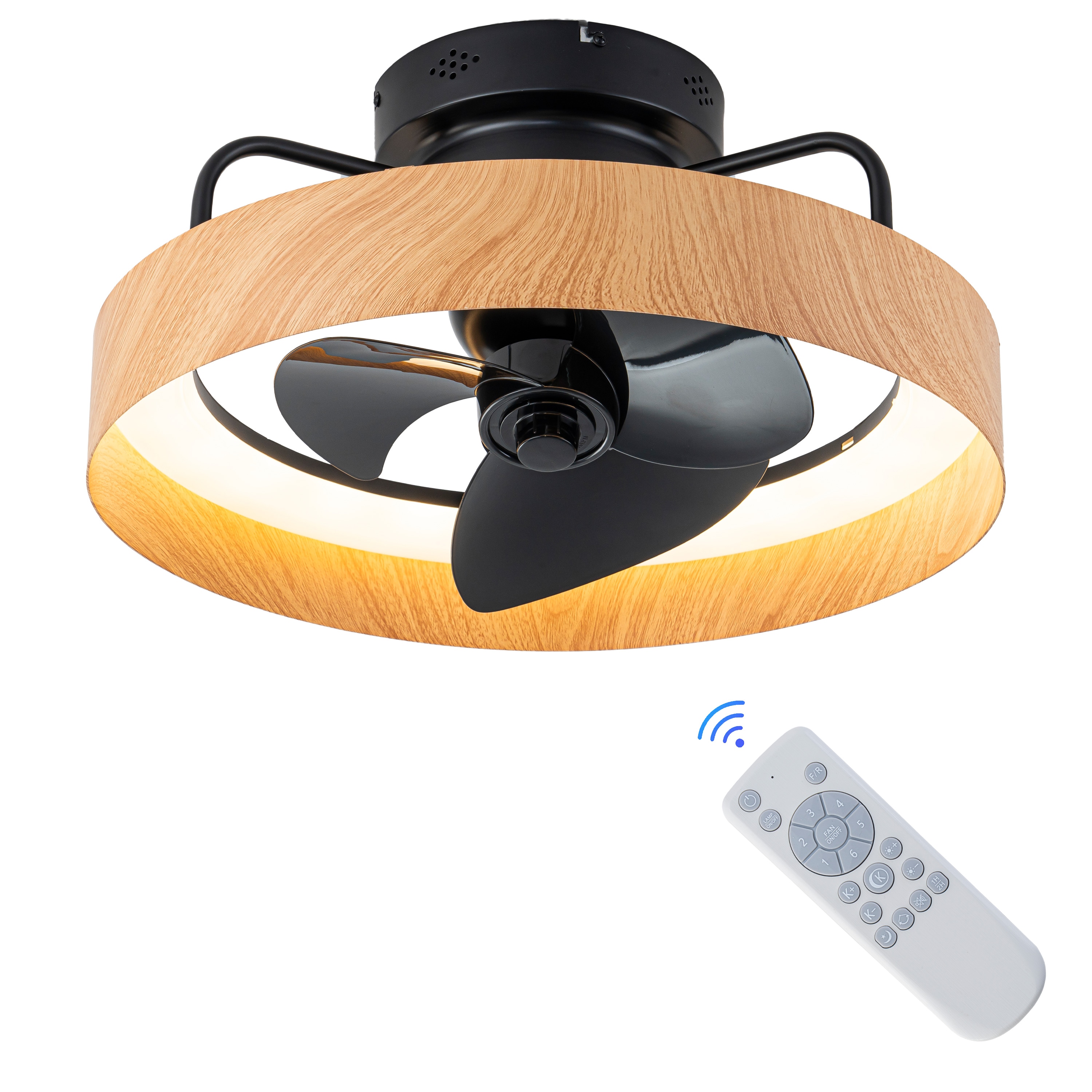 C Cattleya 19.5-in Black and Woodgrain with Black Blades Adjustable White LED Flush Mount Ceiling Fan With Light and Remote Control Included 3 -Blade