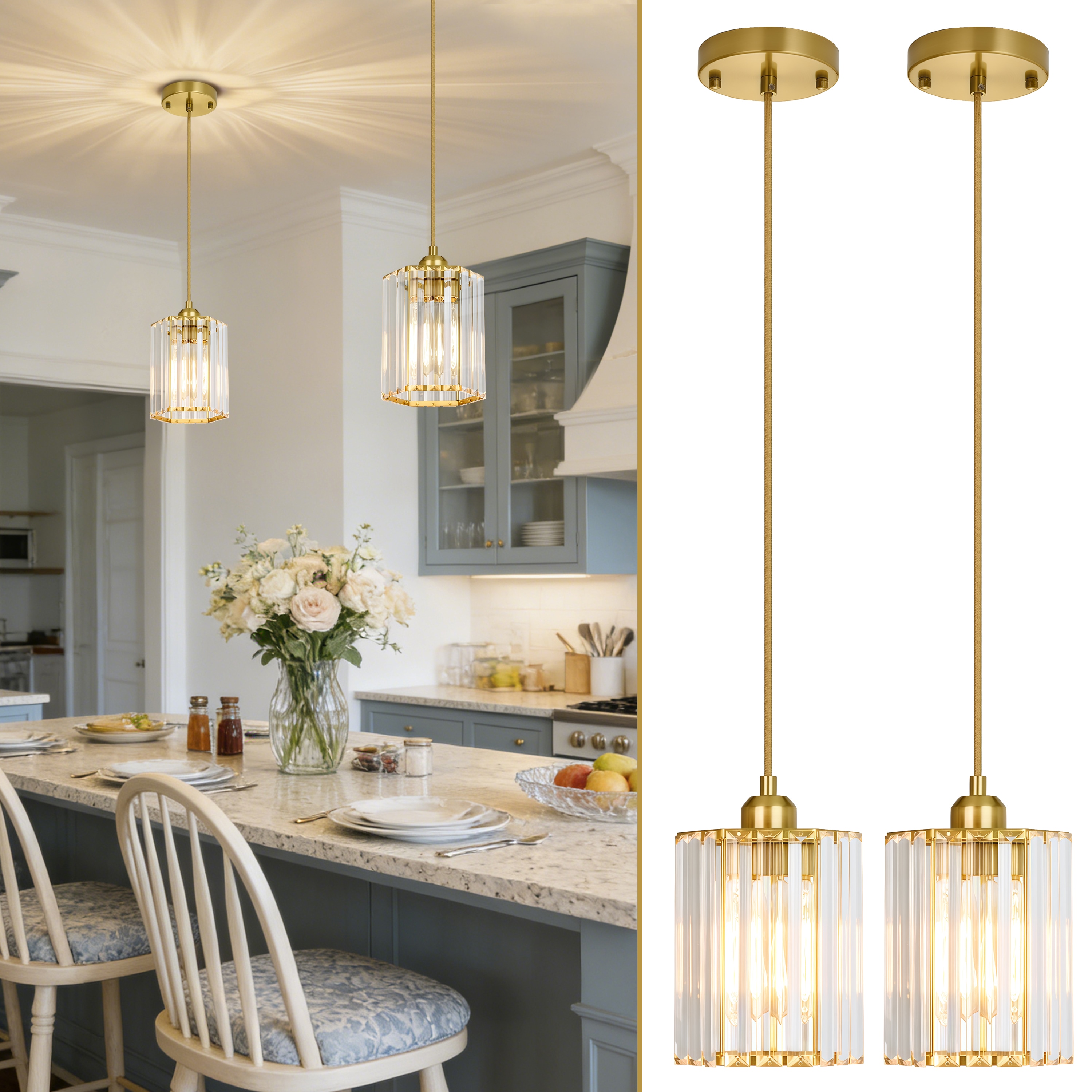 GoYeel 2 -Light Gold Modern/contemporary Clear glass Crystal Cylinder Hanging Pendant Light