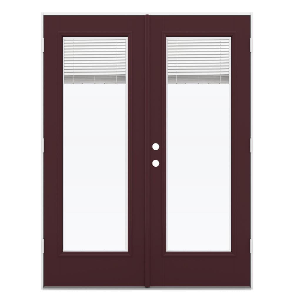 JELD-WEN 60-in x 80-in x 4-9/16-in Jamb Low-e Blinds Between The Glass Currant Fiberglass French Left-Hand Outswing Double Patio Door in Red -  LOWOLJW182200184