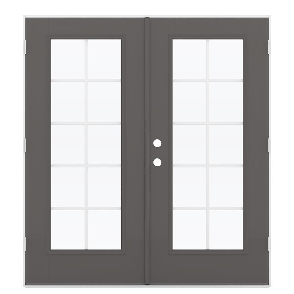 JELD-WEN LOWOLJW182300204 72-in x 80-in x 4-9/16-in Jamb Low-e Grilles Between The Glass Timber Gray Fiberglass French Left-Hand Outswing Double Patio Door