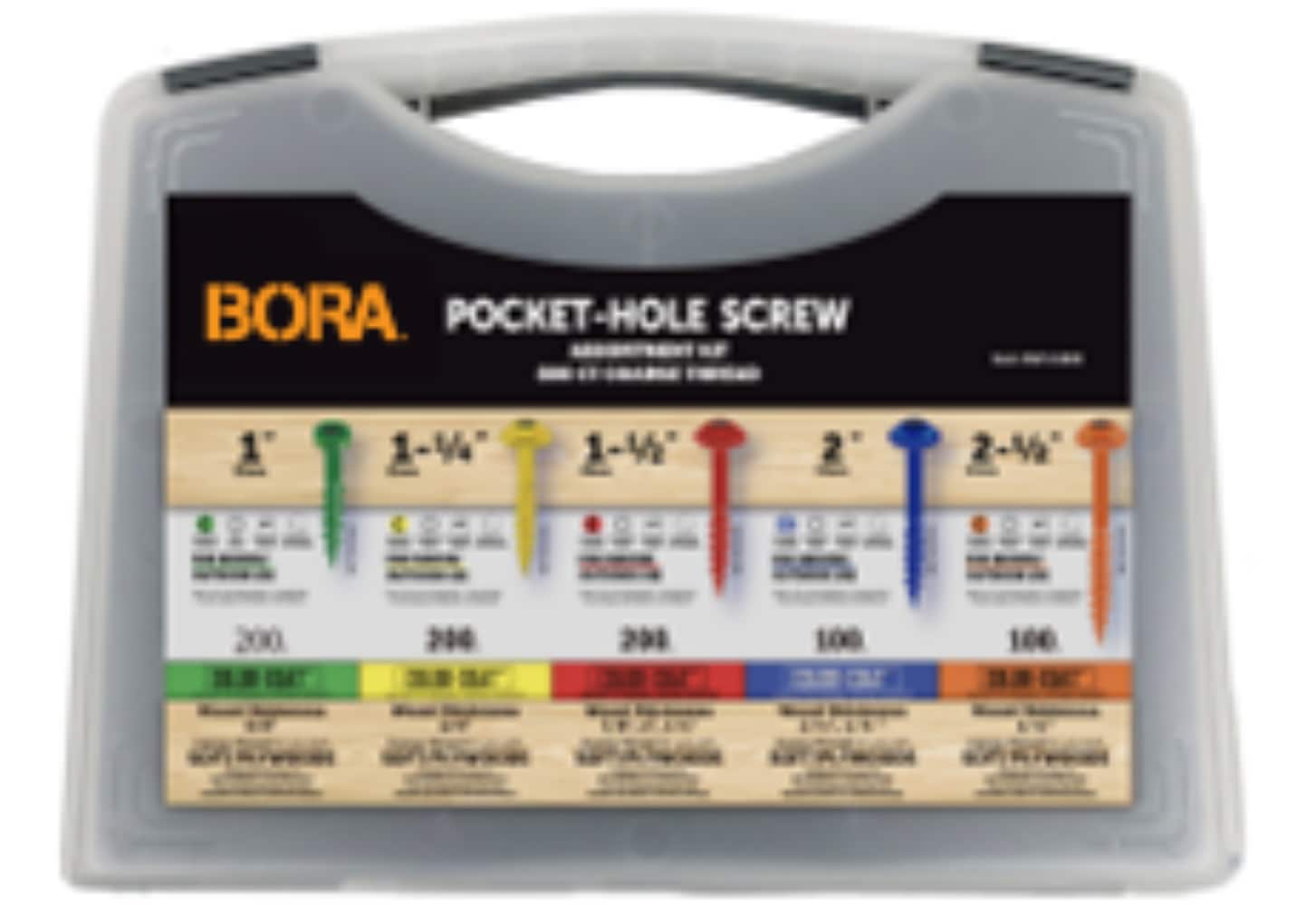 BORA BR-A180203 The Color Coded Pocket Hole Screws ensure strong joints in hardwoods with precise screw length matching and durability with corrosion resistant. They are compatible with the Auto Jig to create ease in woodworking.