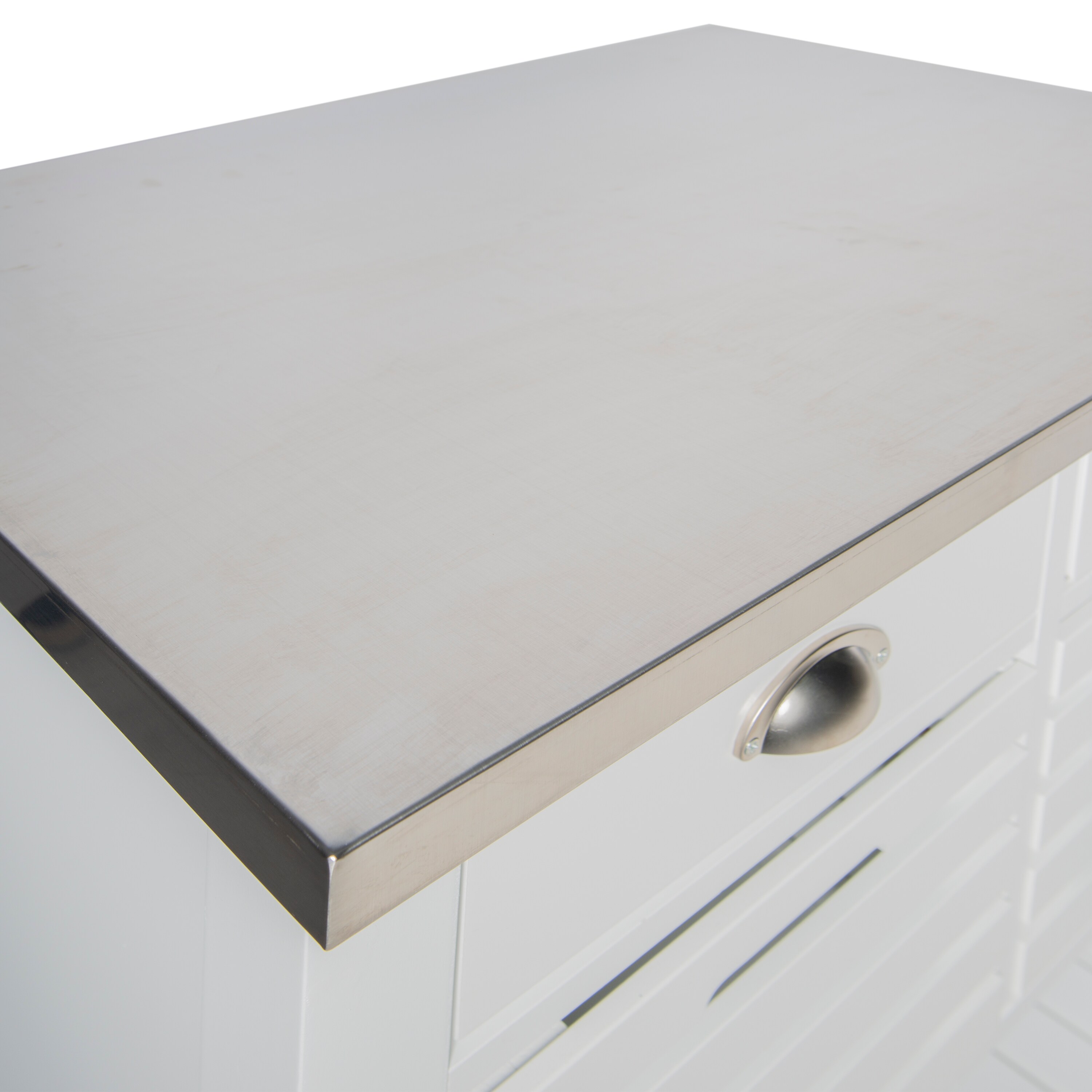 Farmhouse Charm White Stainless Steel Kitchen Cart with Butcher Block