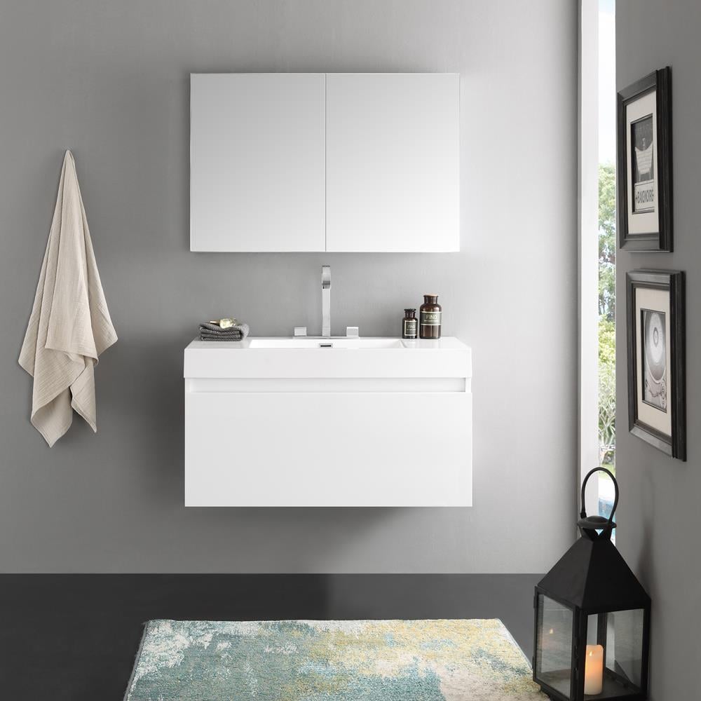 Fresca FVN8010WH Mezzo 39-in White Single sink Floating Bathroom Vanity with White Acrylic Top