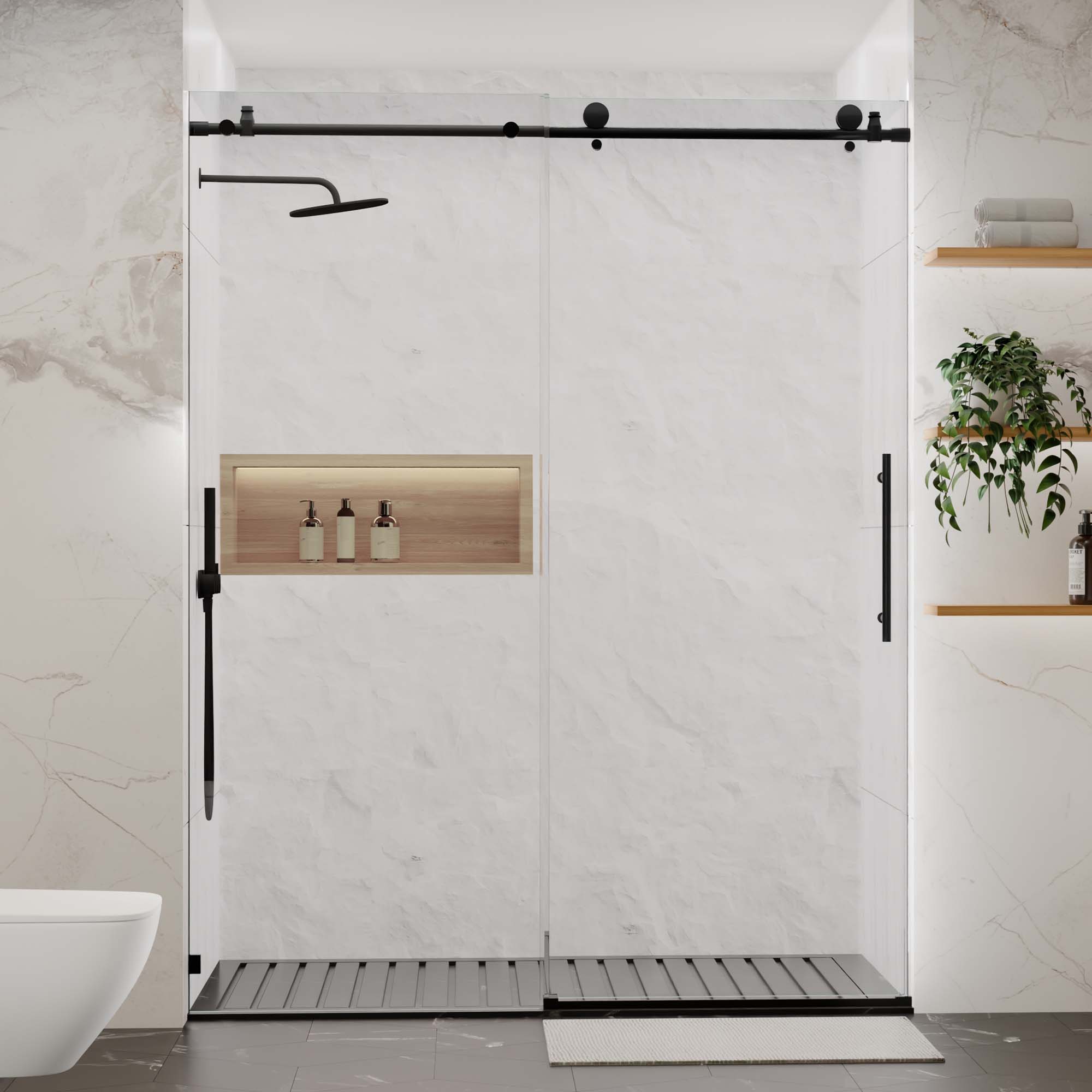 LOVMOR SF-J-W1865S00162 56-60 in W x 76 in H Frameless Shower Door Sliding Shower Door with Premium 5/16 in (8mm)Thick Tempered Glass Shower Enclosure Chrome Matte Black With Buffer