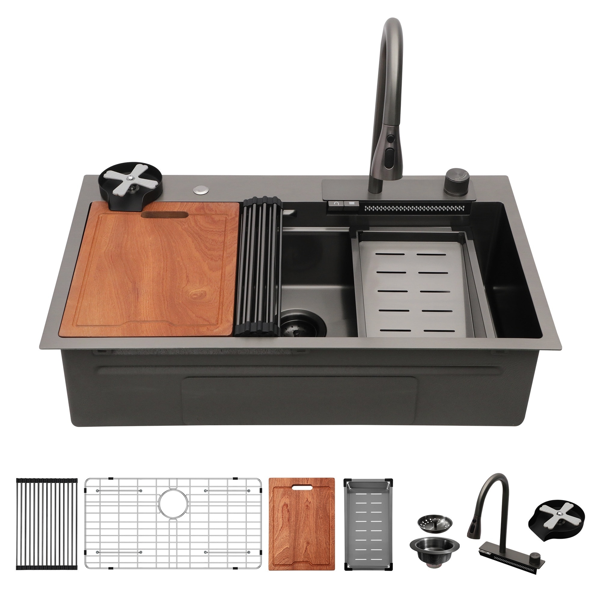 LIVACA 33 inch Gunmetal Black T304 Stainless Steel 16 Gauge Kitchen Sink with Waterfall Flow System and Multifunctional Pull-Down Faucet
