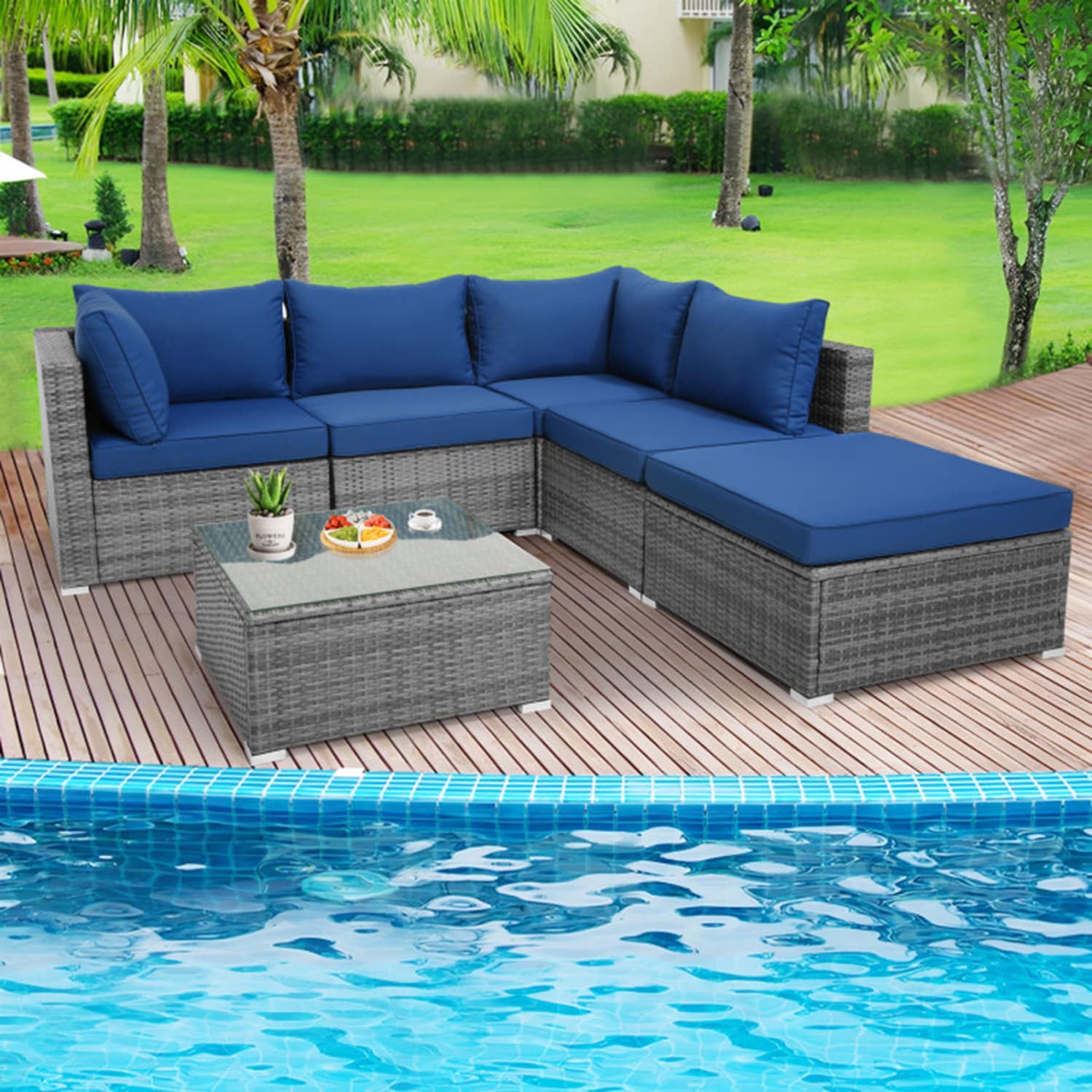 Mondawe MO-HW71182NY Rattan Outdoor Sectional with Blue Cushions and Rattan Frame