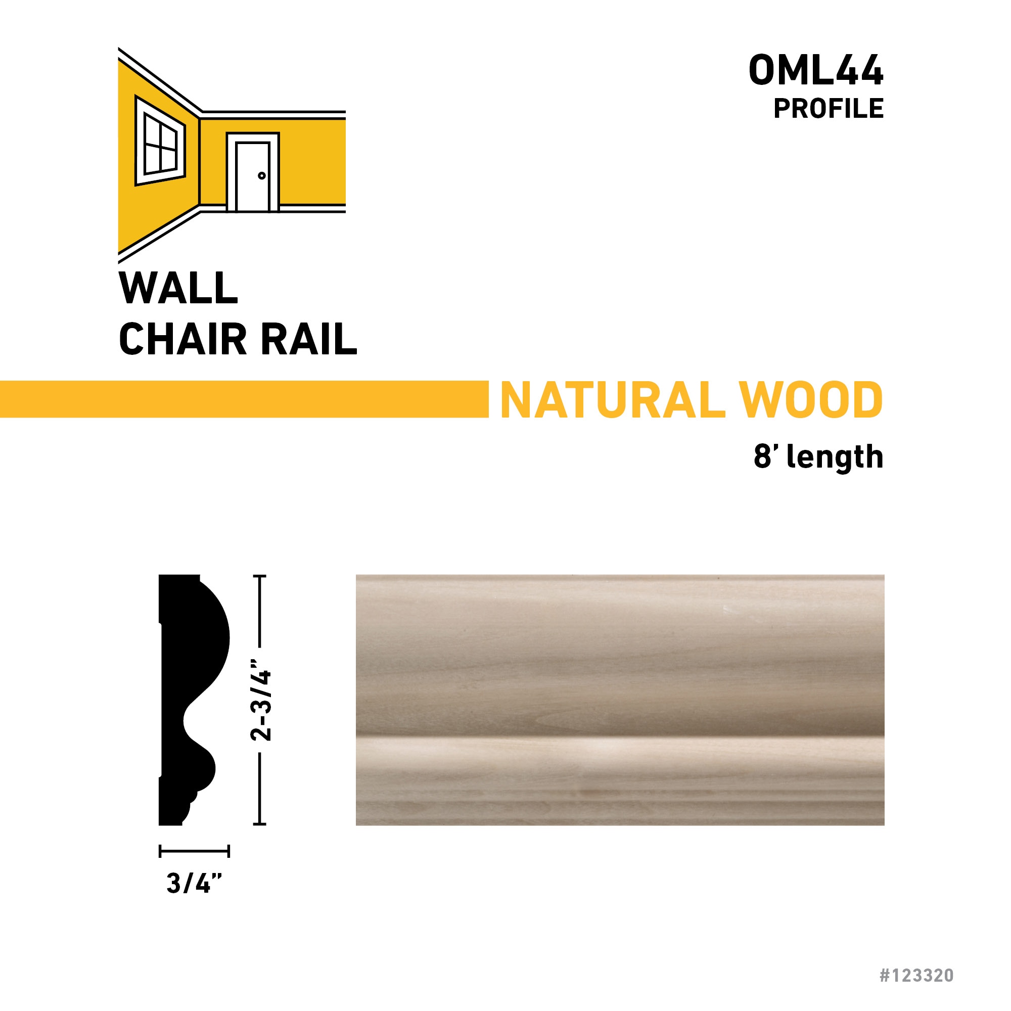 Ornamental Mouldings OML44-8FTWHW Chair-Rail-Moulding - View #3