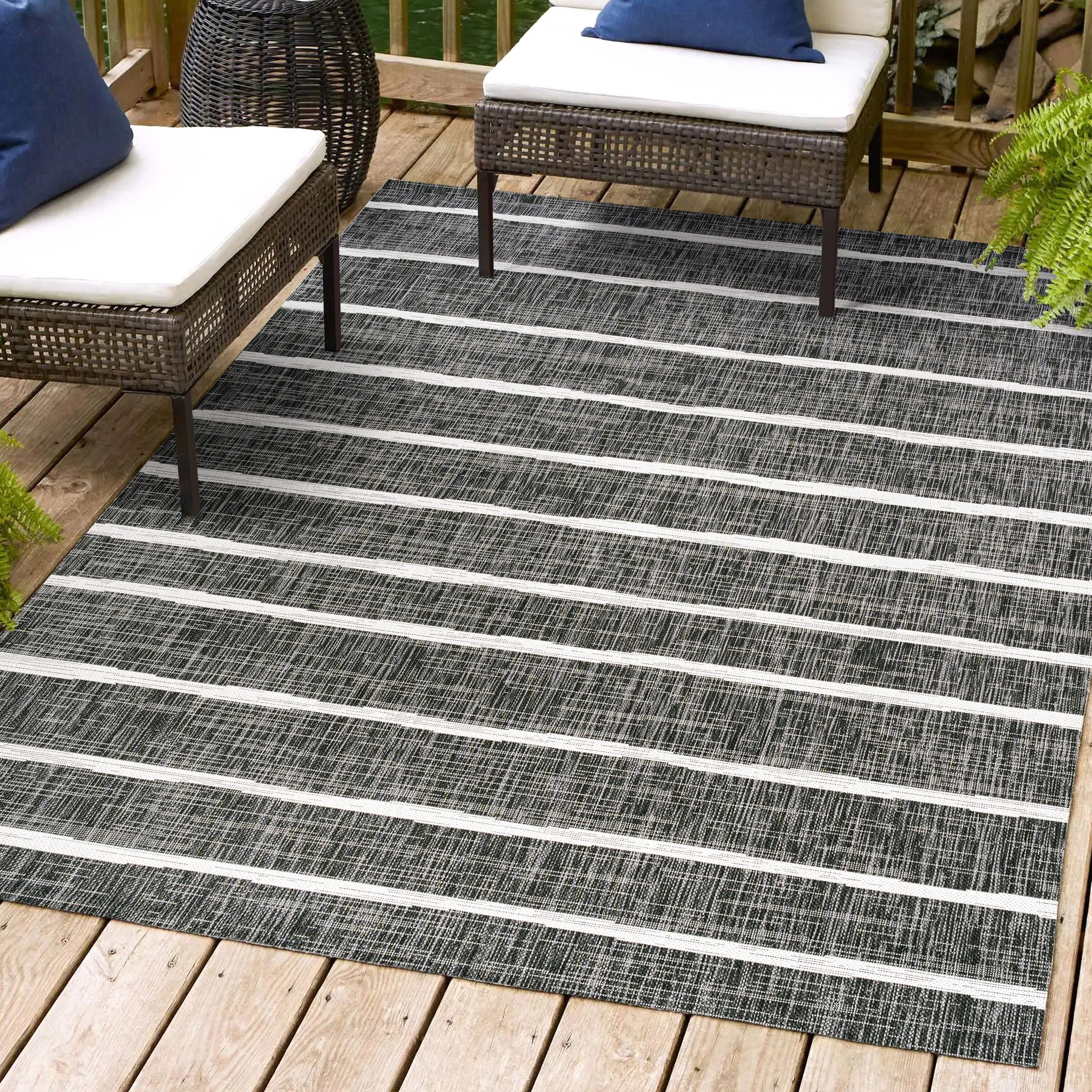 3' x 5' Black and Ivory Synthetic Stripe Rectangular Rug