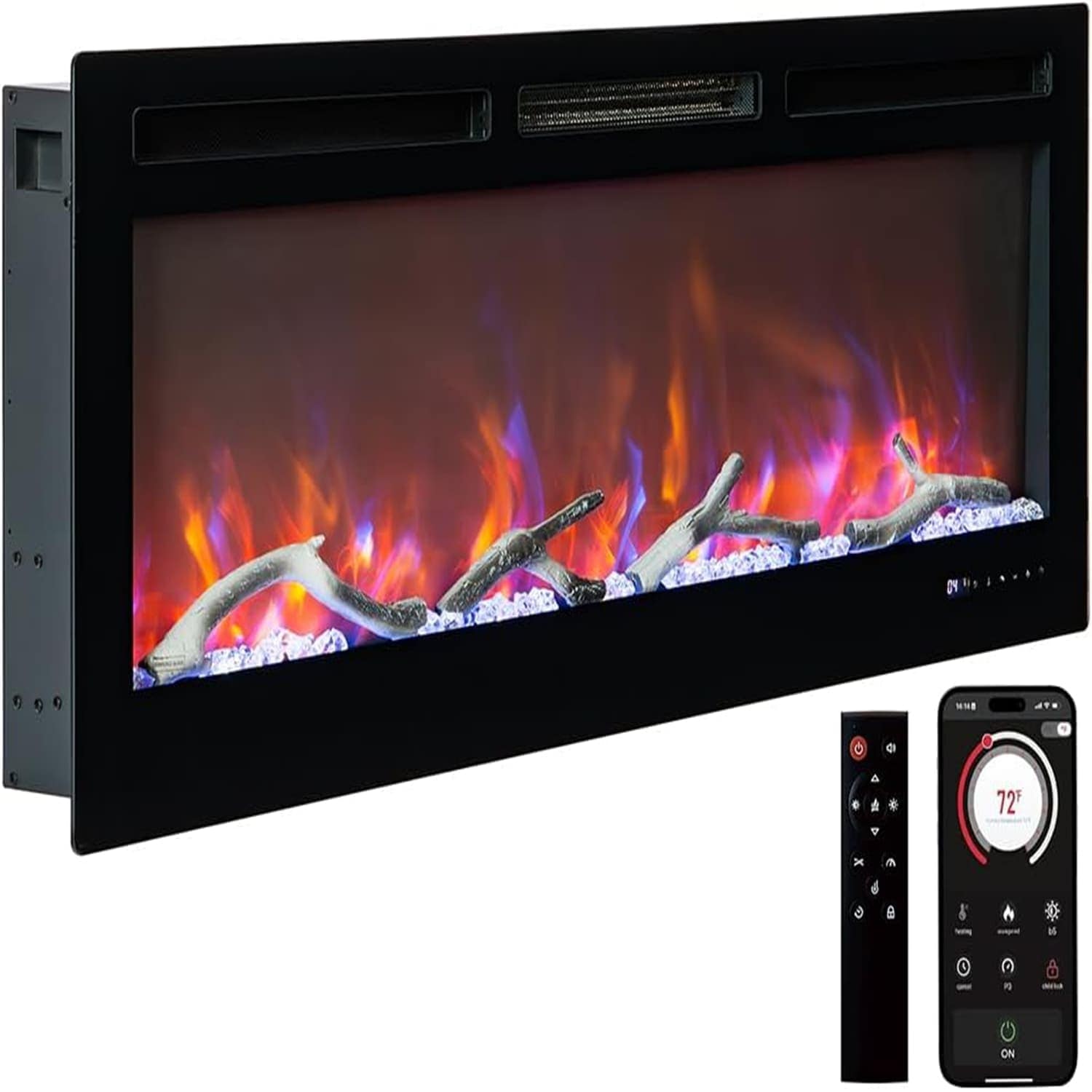 Qeetex LSHQQPHO-333HTO0Y 50-Inch Wide Black Wall-Mounted Electric Fireplace With WiFi/Alexa Voice Control