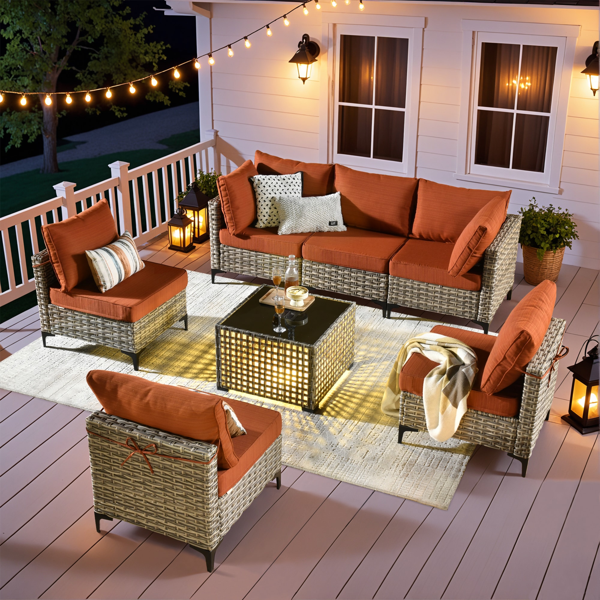ALTRIGUS 6L-SKT807-AL 7 -Piece Wicker Patio Sofa Conversation Set with Orange Cushions