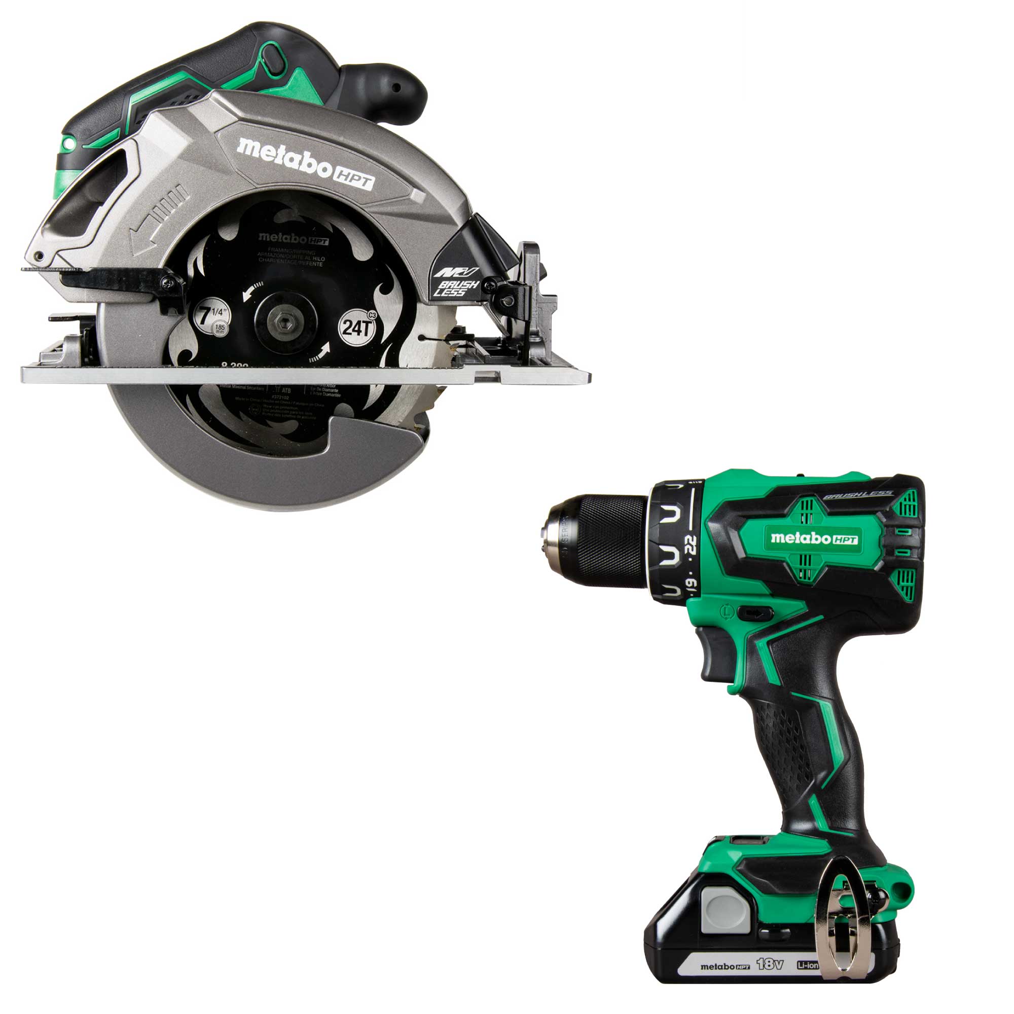 Metabo HPT MultiVolt 36-Volt 7-1/4-in Brushless Circular Saw with MultiVolt 18-volt 1/2-in Brushless Cordless Drill 2-batteries included and charger