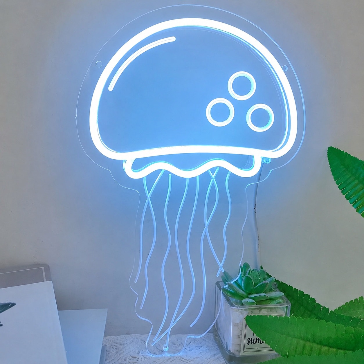 Oyezvary  Jellyfish Neon Sign Ice Blue LED Light for Wall Decor Girls Bedroom Kids Room Ocean Display Party Holiday USB Powered Adjustable