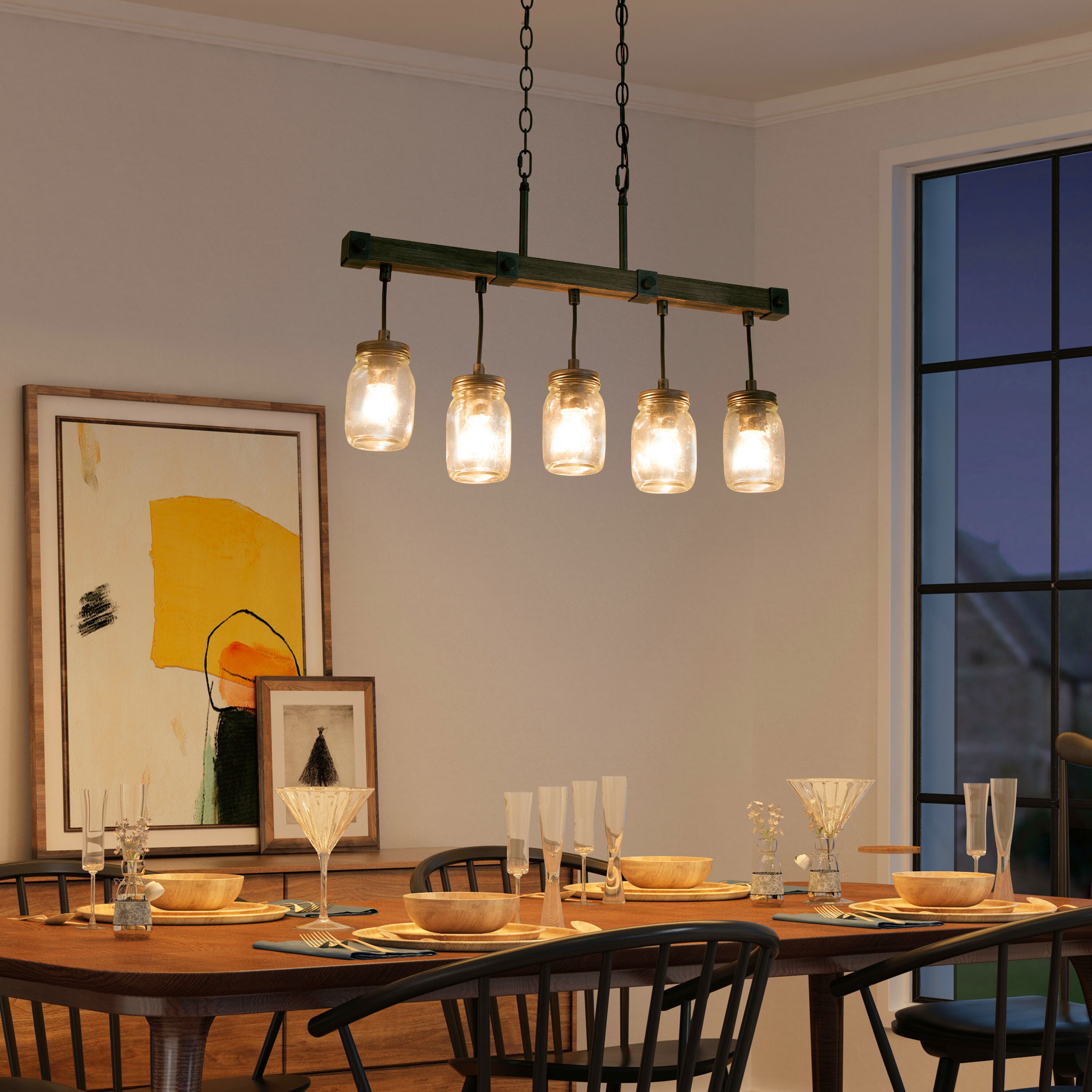LNC Maison 5-Light Distressed Rusty Black and Brown Wood Grain Farmhouse Textured Glass Linear LED Hanging Kitchen Island Light