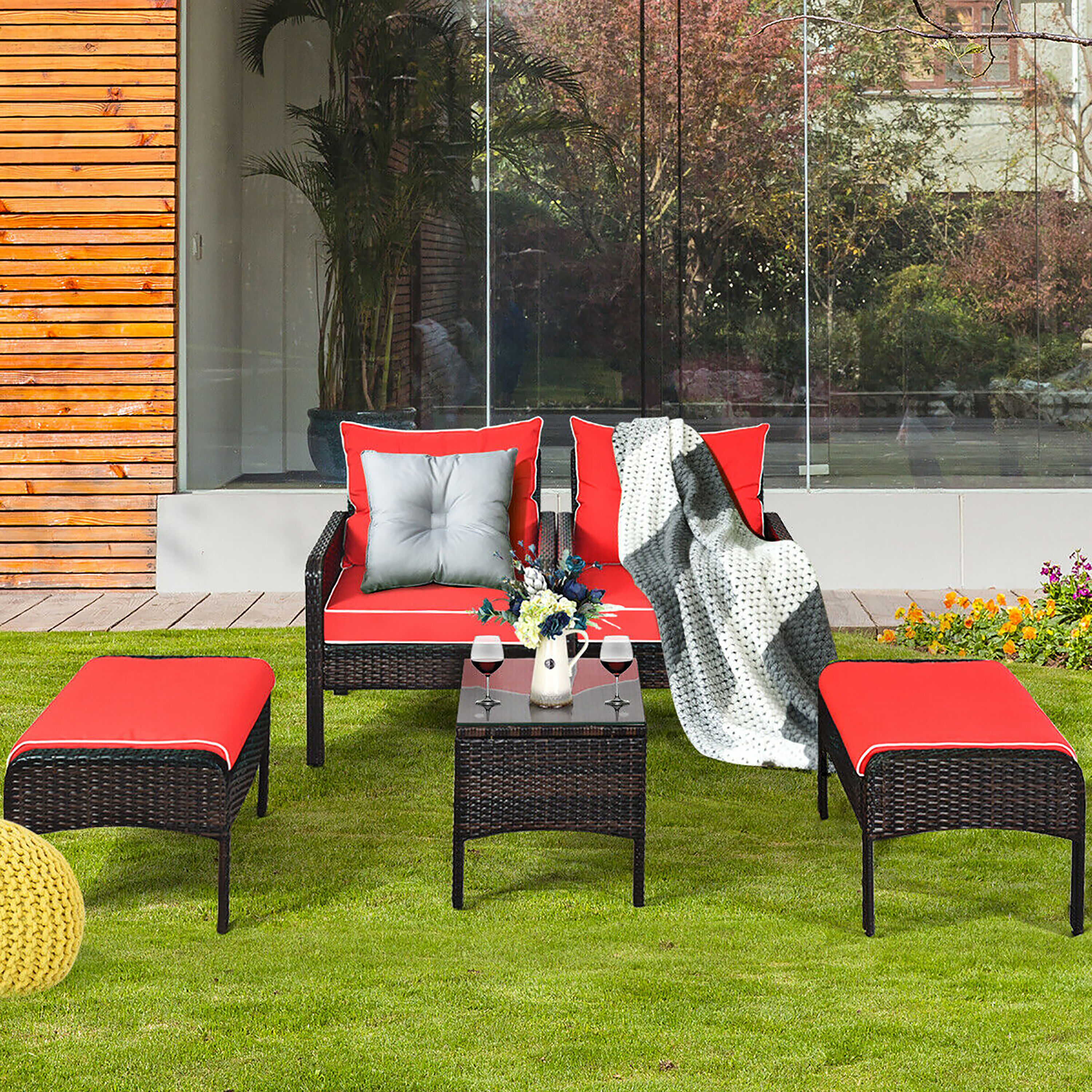 Red Cushioned 2 Person Brown Rattan Conversation Set with Glass Top Table