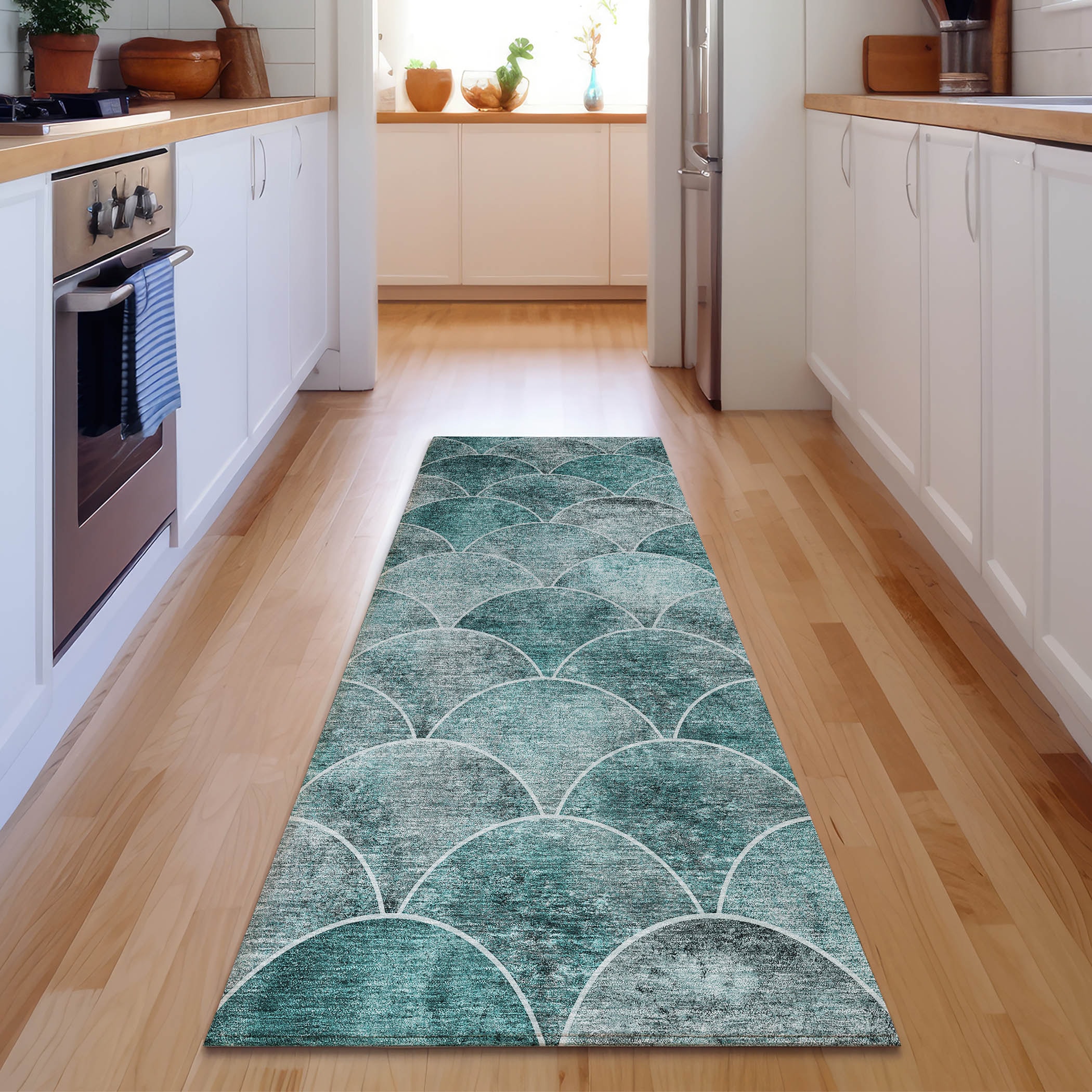 Teal Washable Synthetic Geo Pattern Rug - 2'3" x 7'6"