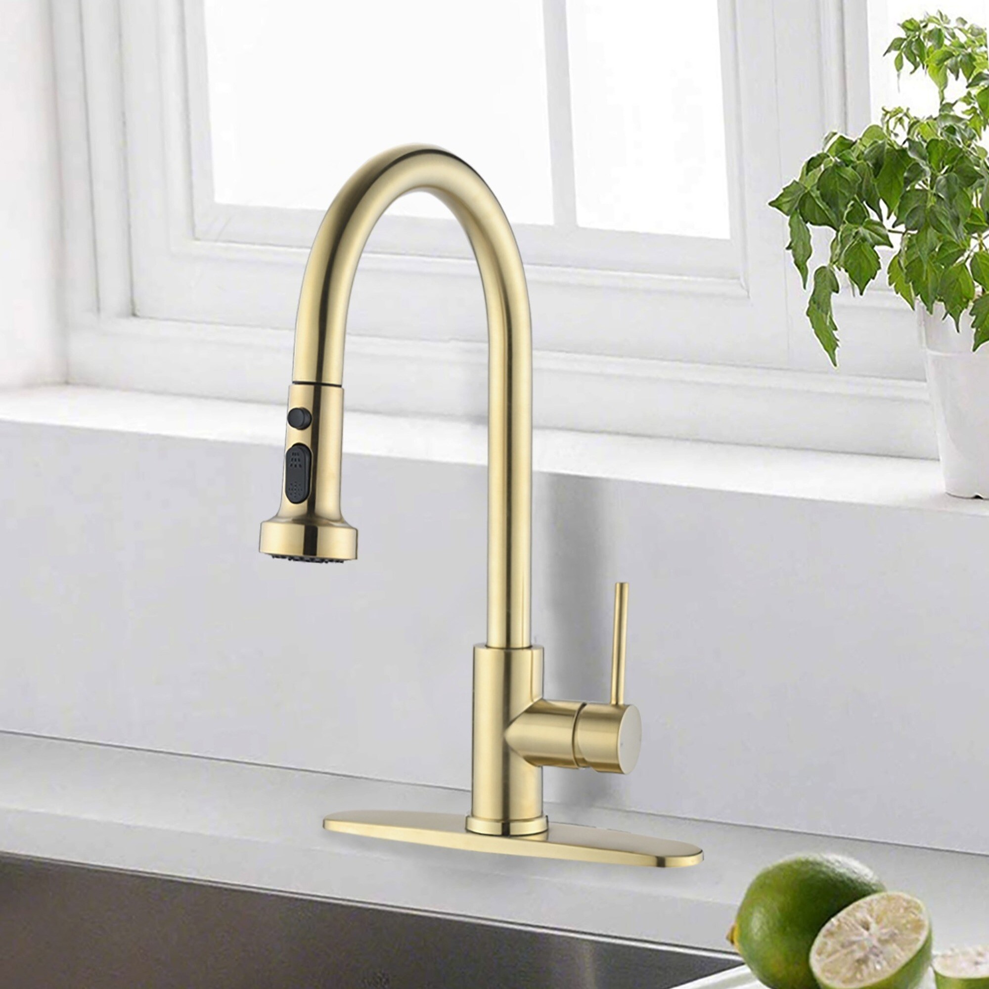 IAK Brushed Gold Stainless Steel Pull Down Kitchen Faucet with High Arc 360 Degree Swivel Sprayer