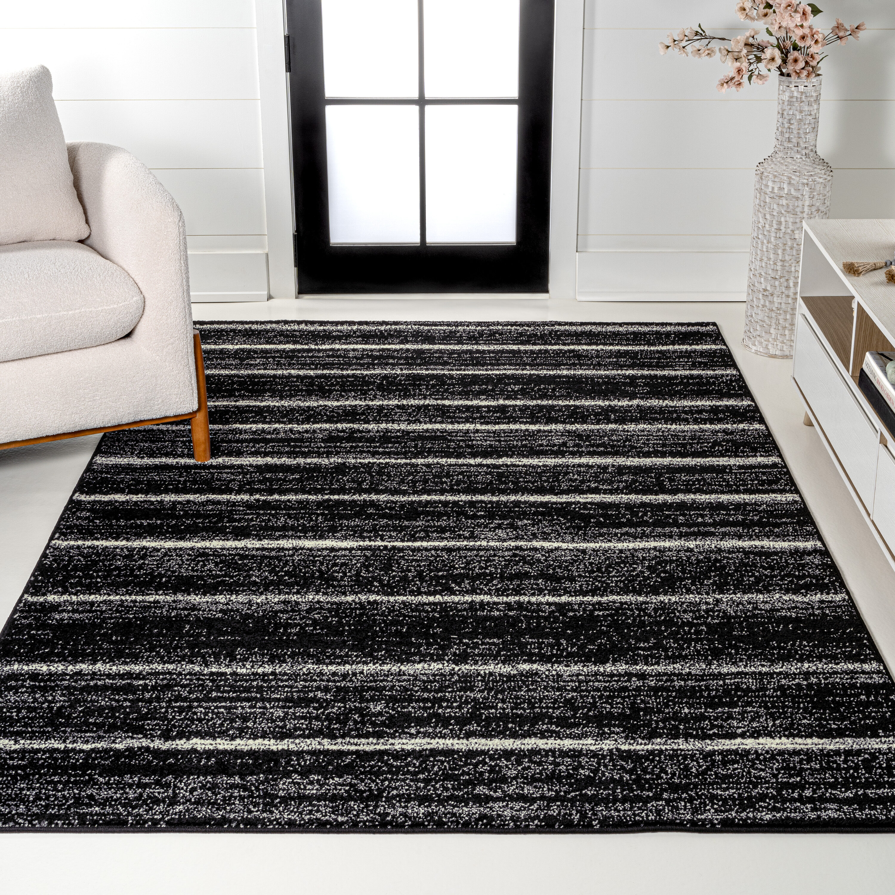 JONATHAN  Y MOH201F-3 Moroccan HYPE Williamsburg Minimalist 3 x 5 (ft) Loomed Polypropylene Black/Cream Rectangular Indoor Stripe Mid-Century Modern Area rug