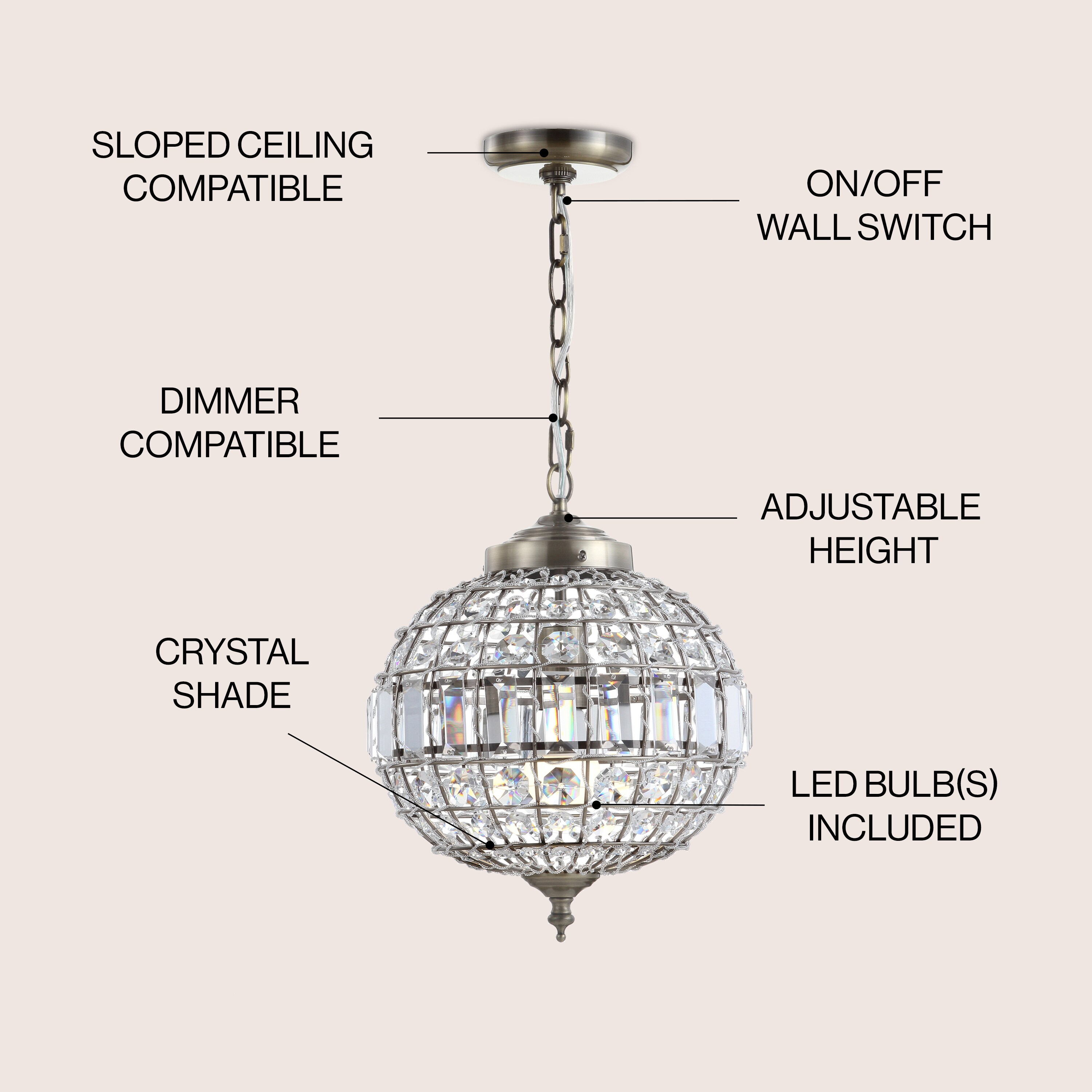 Georgina Antique Brass 12" Crystal Globe LED Pendant