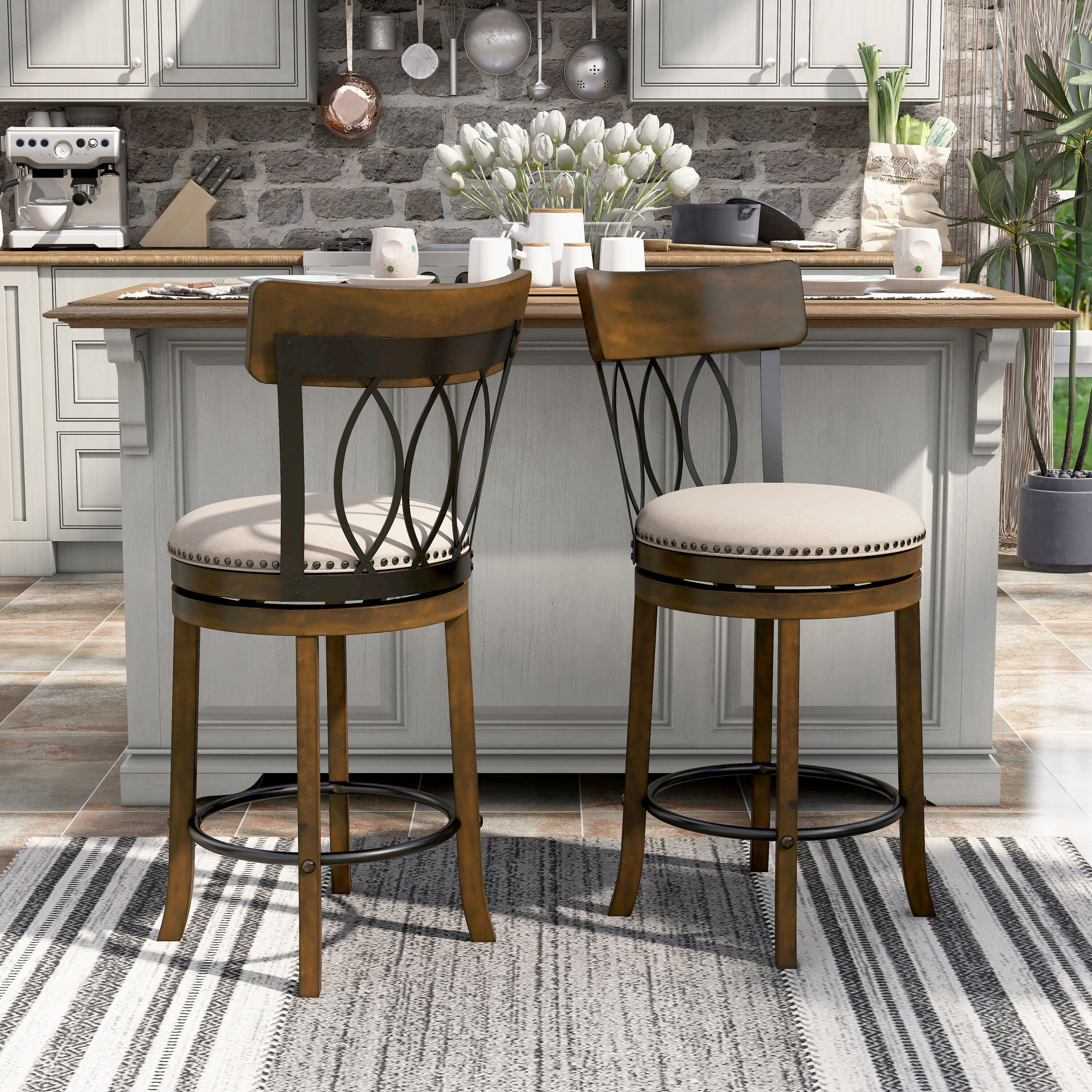 Furniture of America IDF-BR817A-24 Gravino Oak 24.0-in H Counter height Round seat Upholstered Swivel Wood Bar Stool and Back