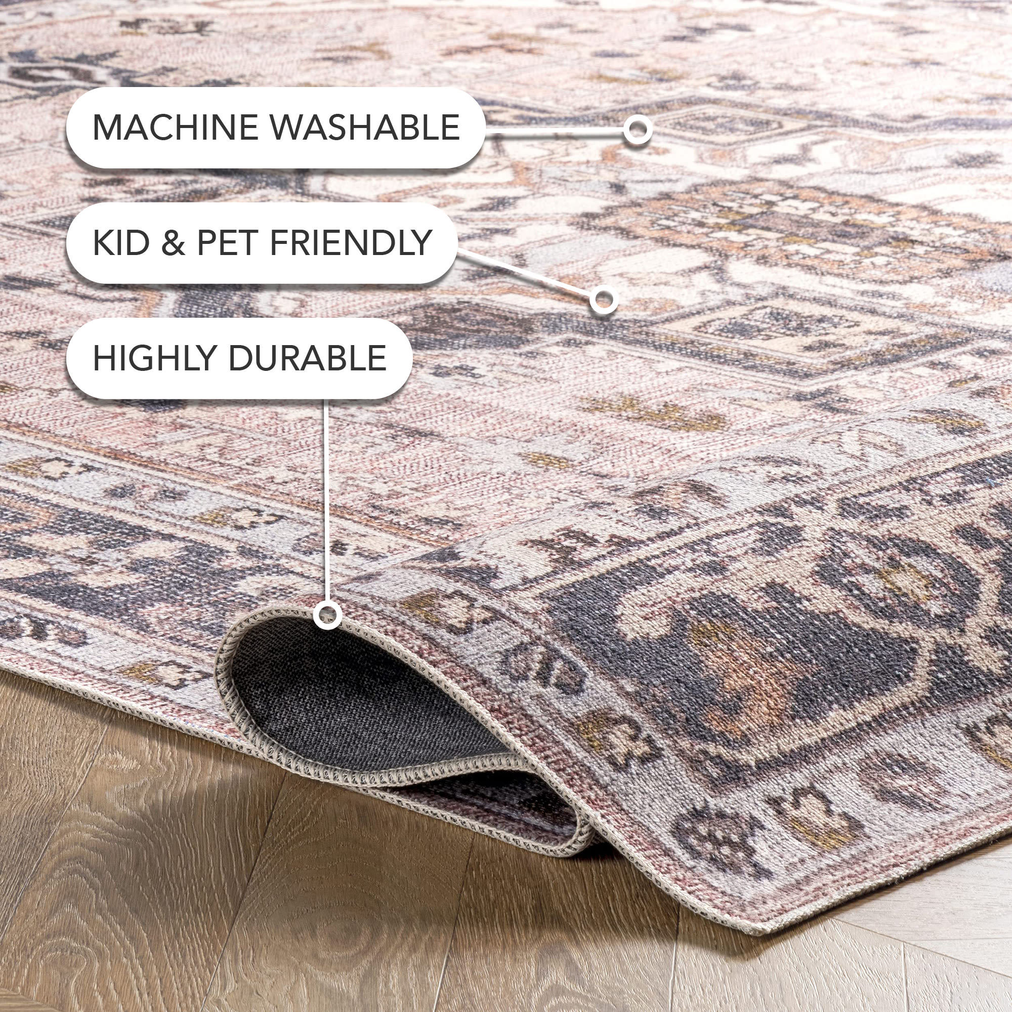 Eco-Friendly Sasha 8' x 10' Pink Medallion Washable Area Rug