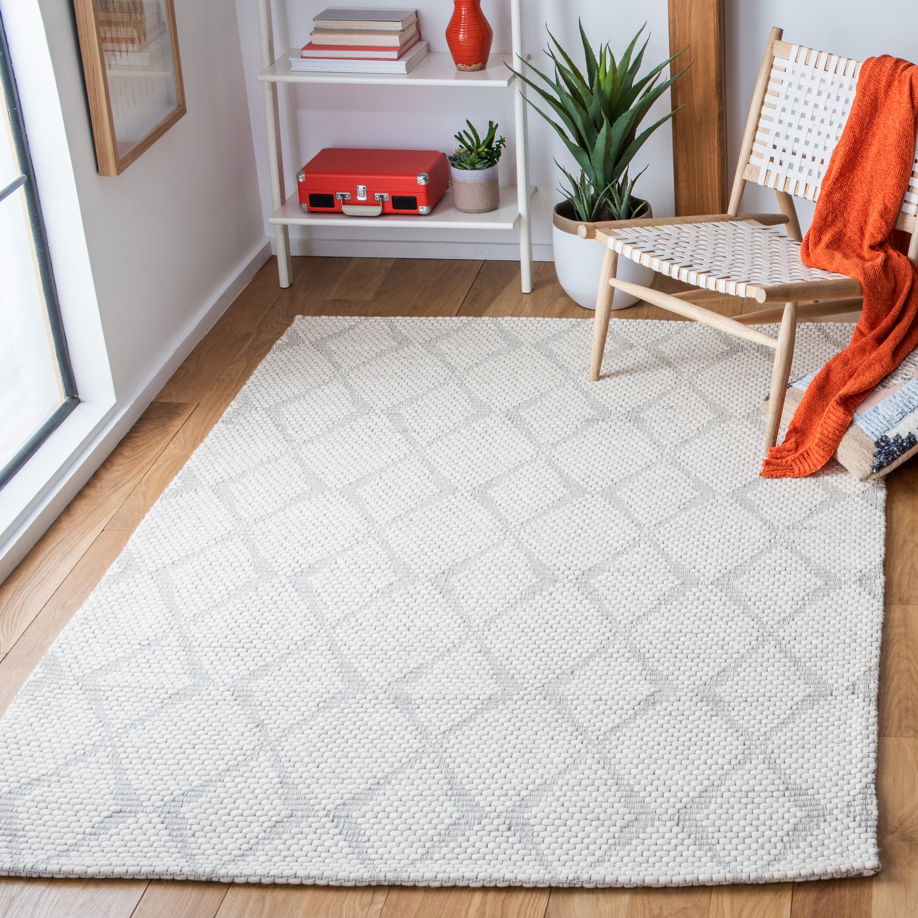 Ivory Geometric Flat Woven Wool Synthetic Rug, 3' x 5'