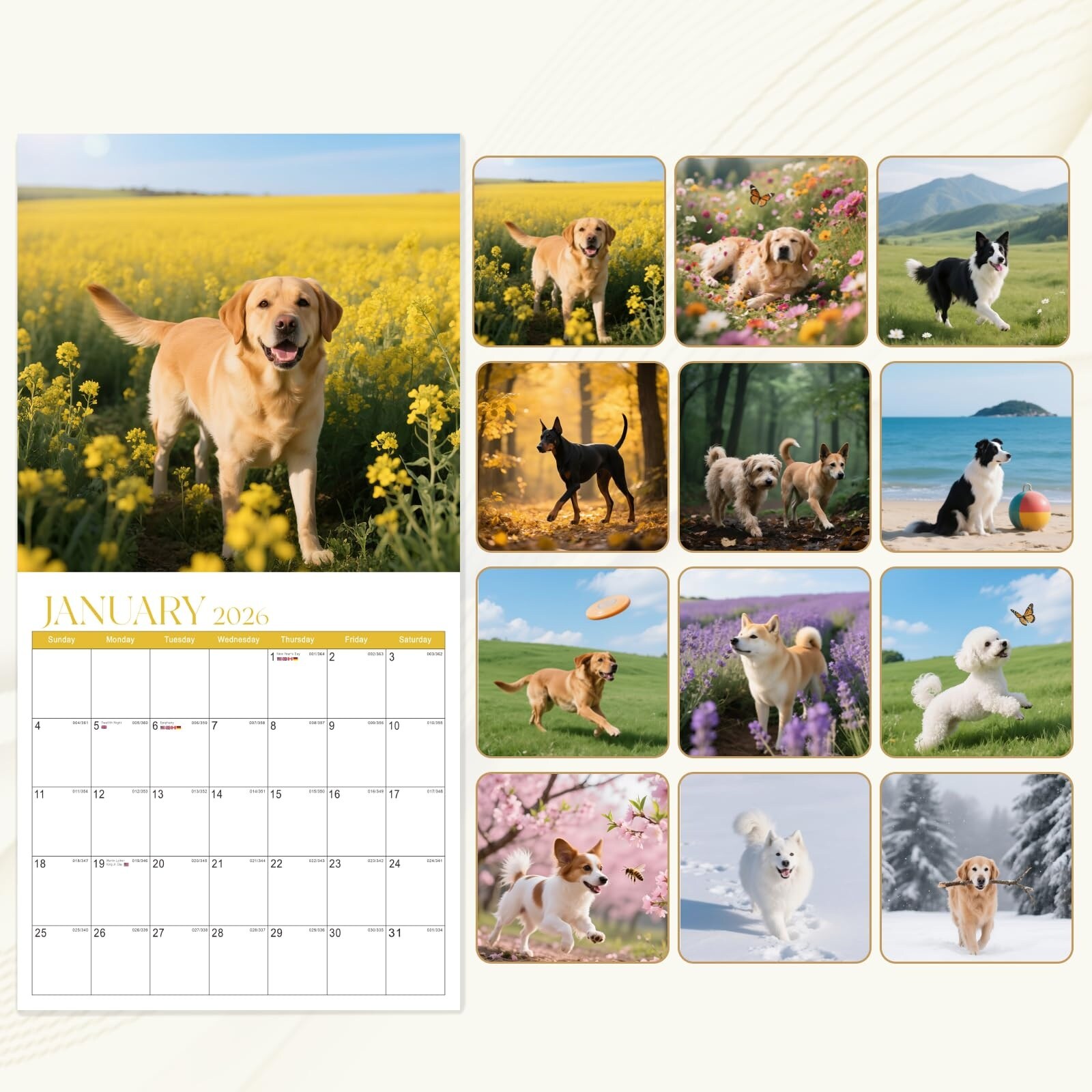 Etokfoks 2026 Wall Calendar Dogs 12 Month Hanging Monthly Calendar with ...
