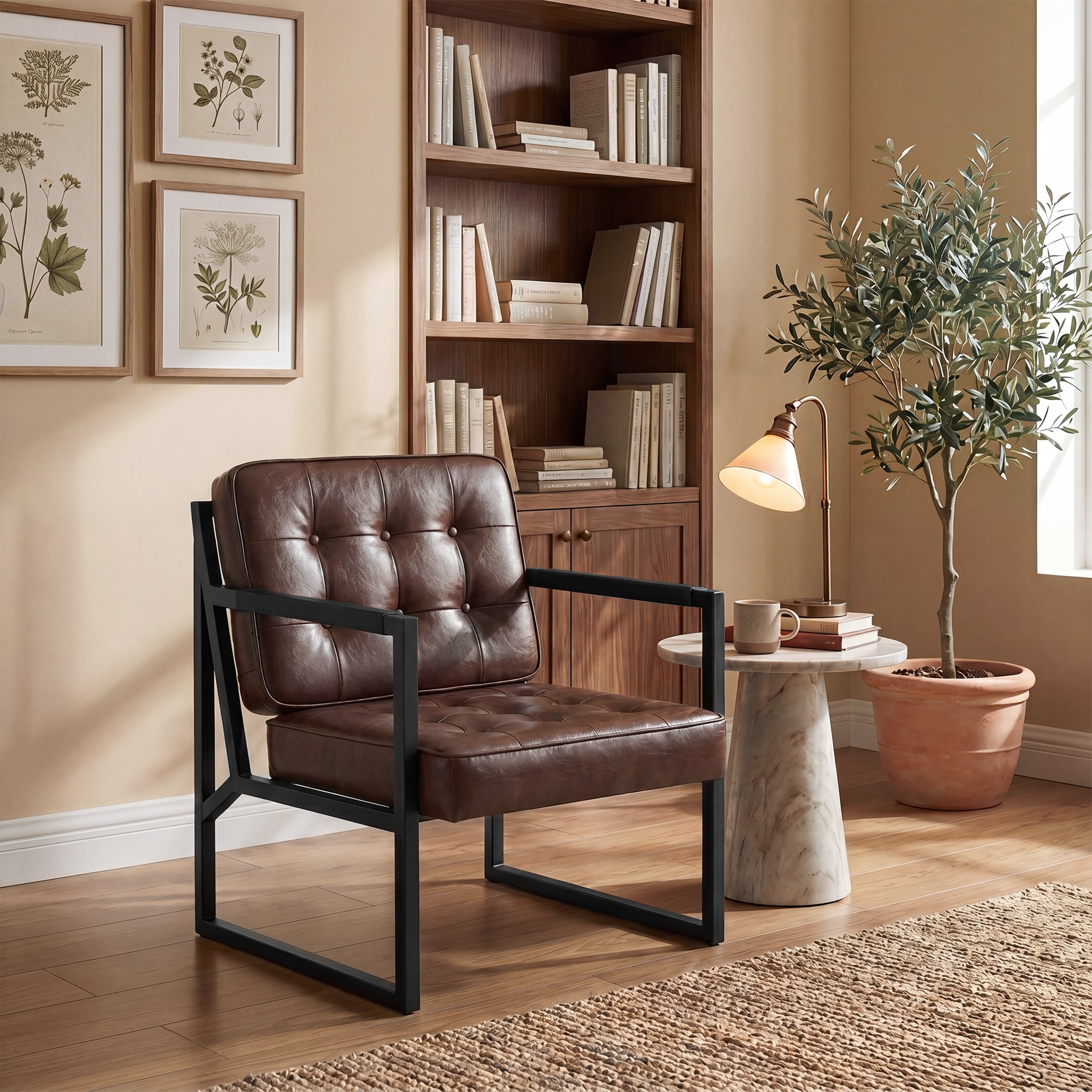 ViviHav - 26.5-in W Brown Faux Leather Accent Armchair with Metal Frame