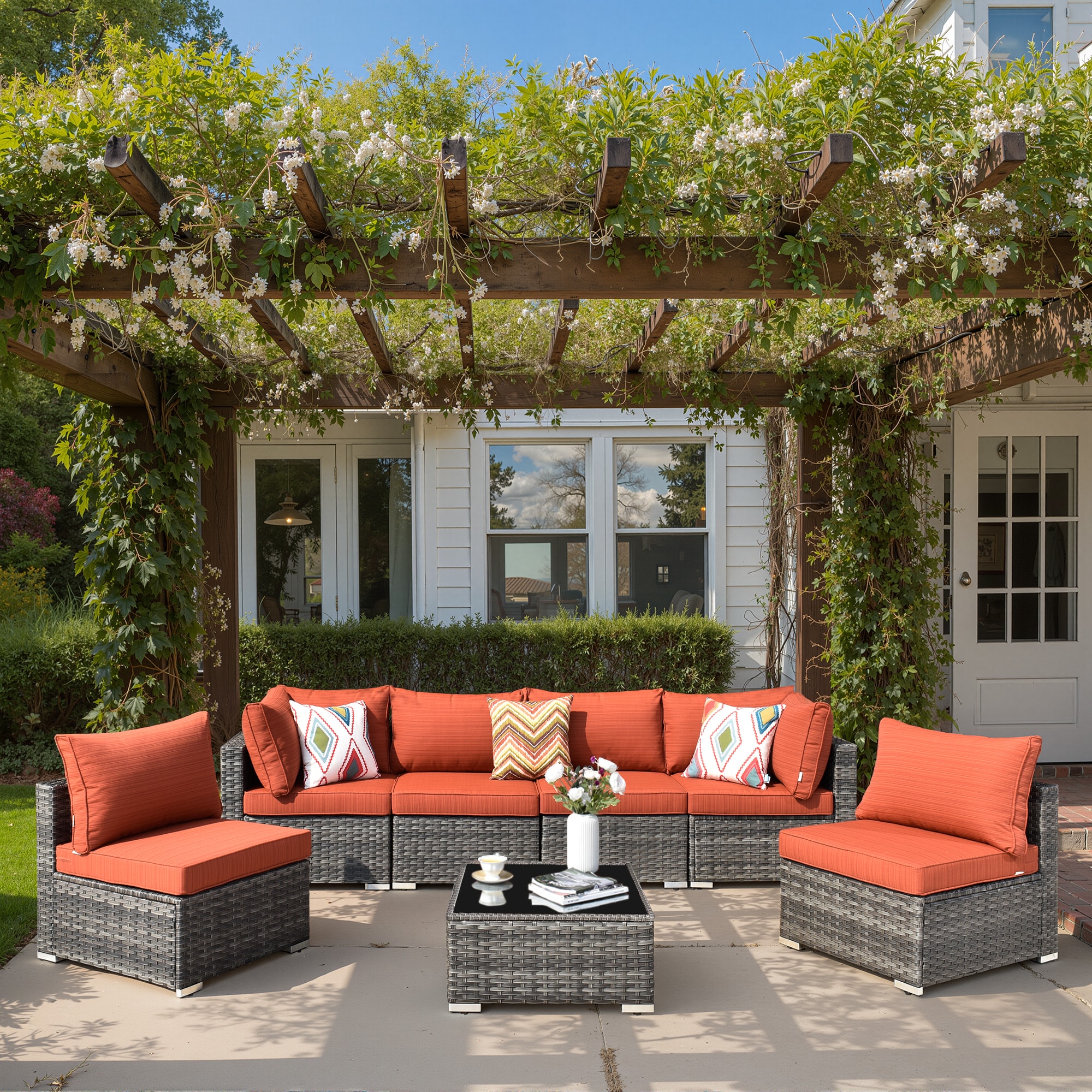 XIZZI HOP803 Libra 7 -Piece Rattan Patio Sofa Conversation Set with Orange Cushions