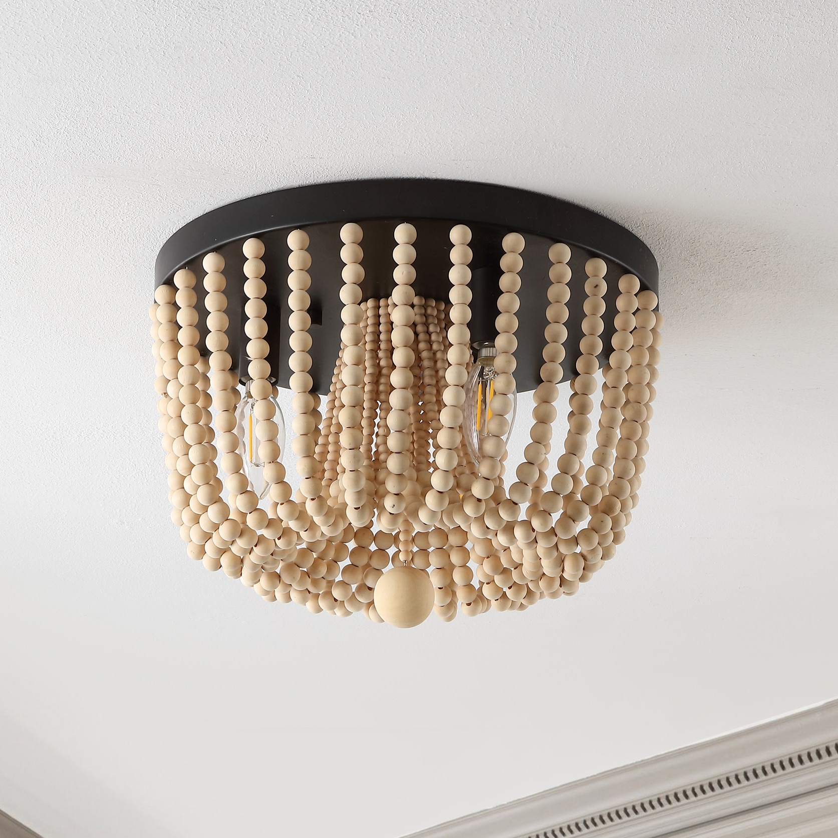 Bronze Bohemian Iron and Wood Bead LED Flush Mount Light