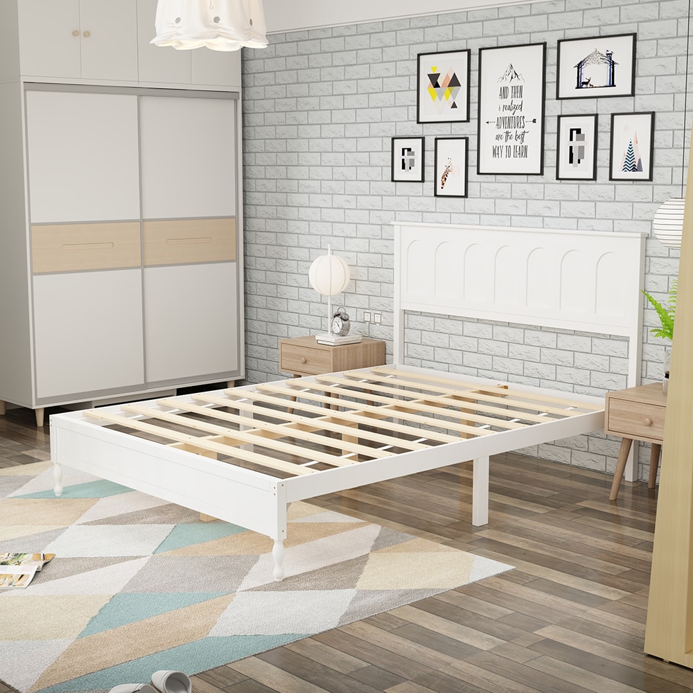 Homsee V-KF210336-01 White Solid Rubber Wood Platform Bed Frame with Slatted Base Modern Minimalist Design