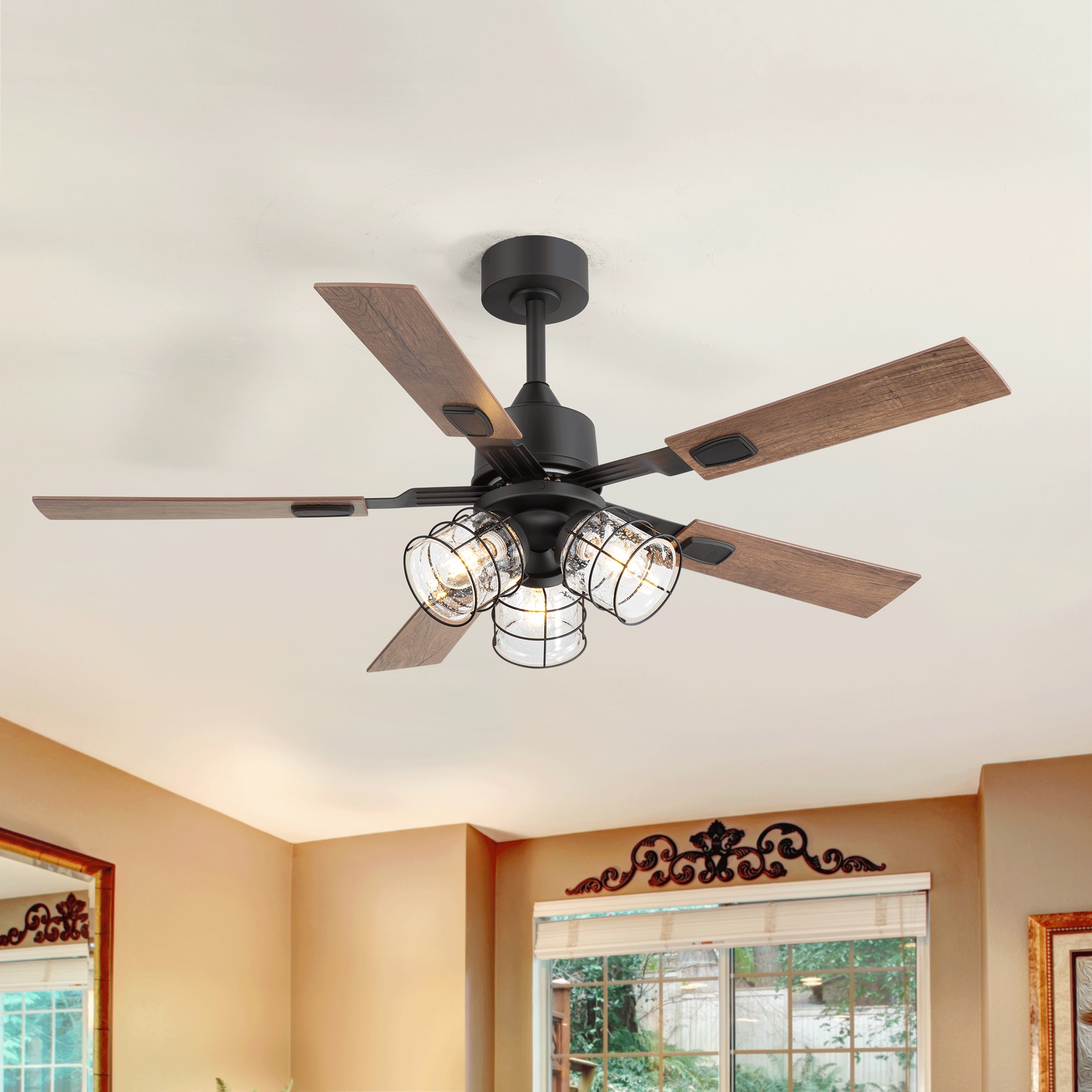 Breezary 29013-BK 52-in Matte Black with Dual-tone wooden Blades Ceiling Fan With Light - Remote Included ( 5 -Blade )