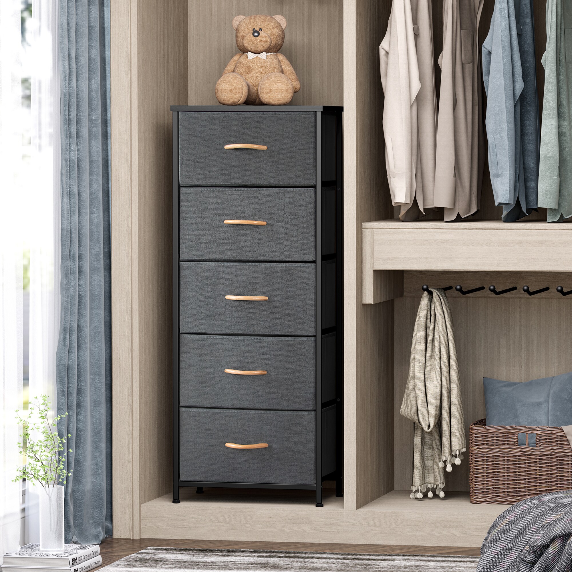 Simple Storage Dresser with 5 Fabric Drawers, Gray for Living Room Bed Room  - SortWise®