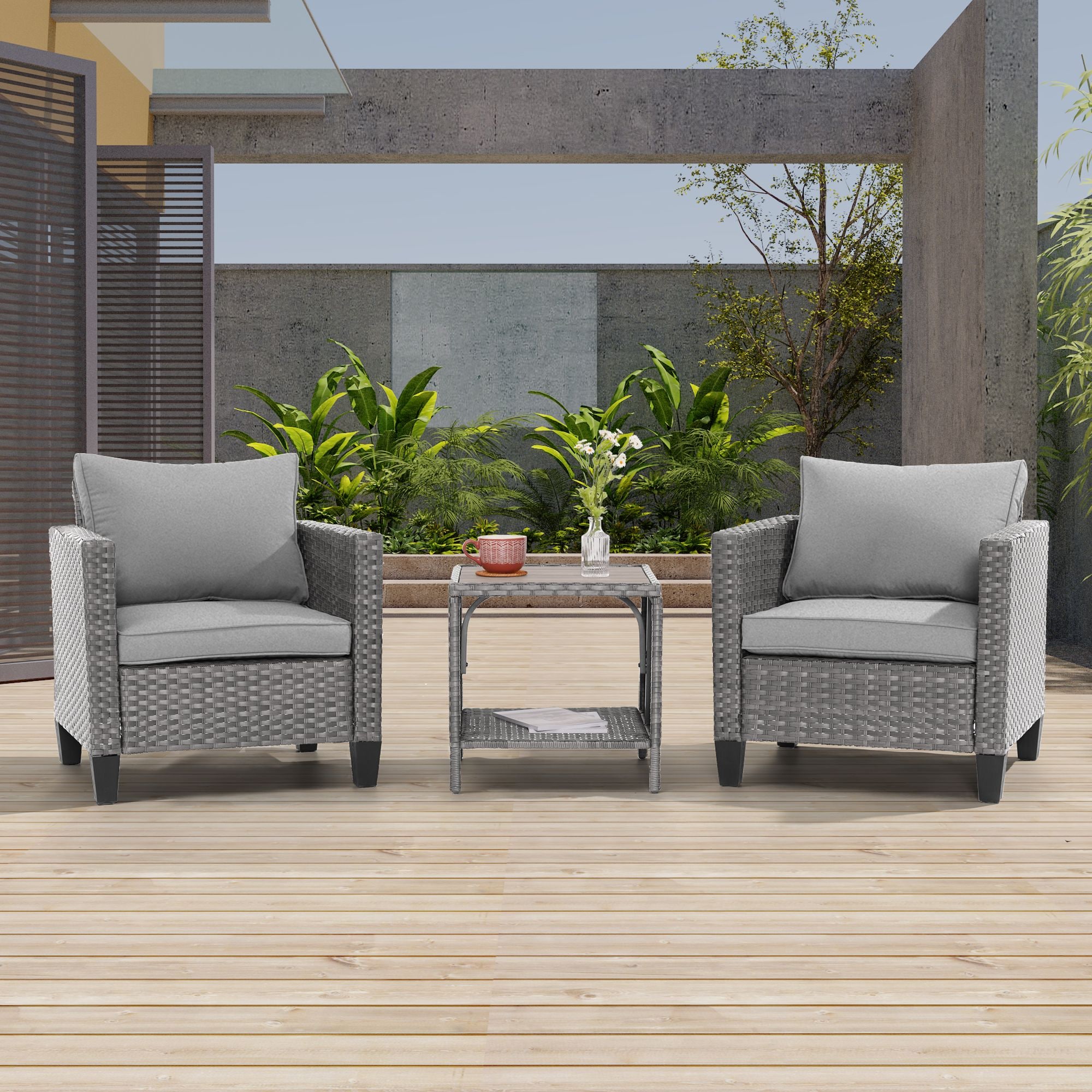 Sonkuki SD-HLY-T32R 3 -Piece Wicker Patio Conversation Set with Light Gray Cushions