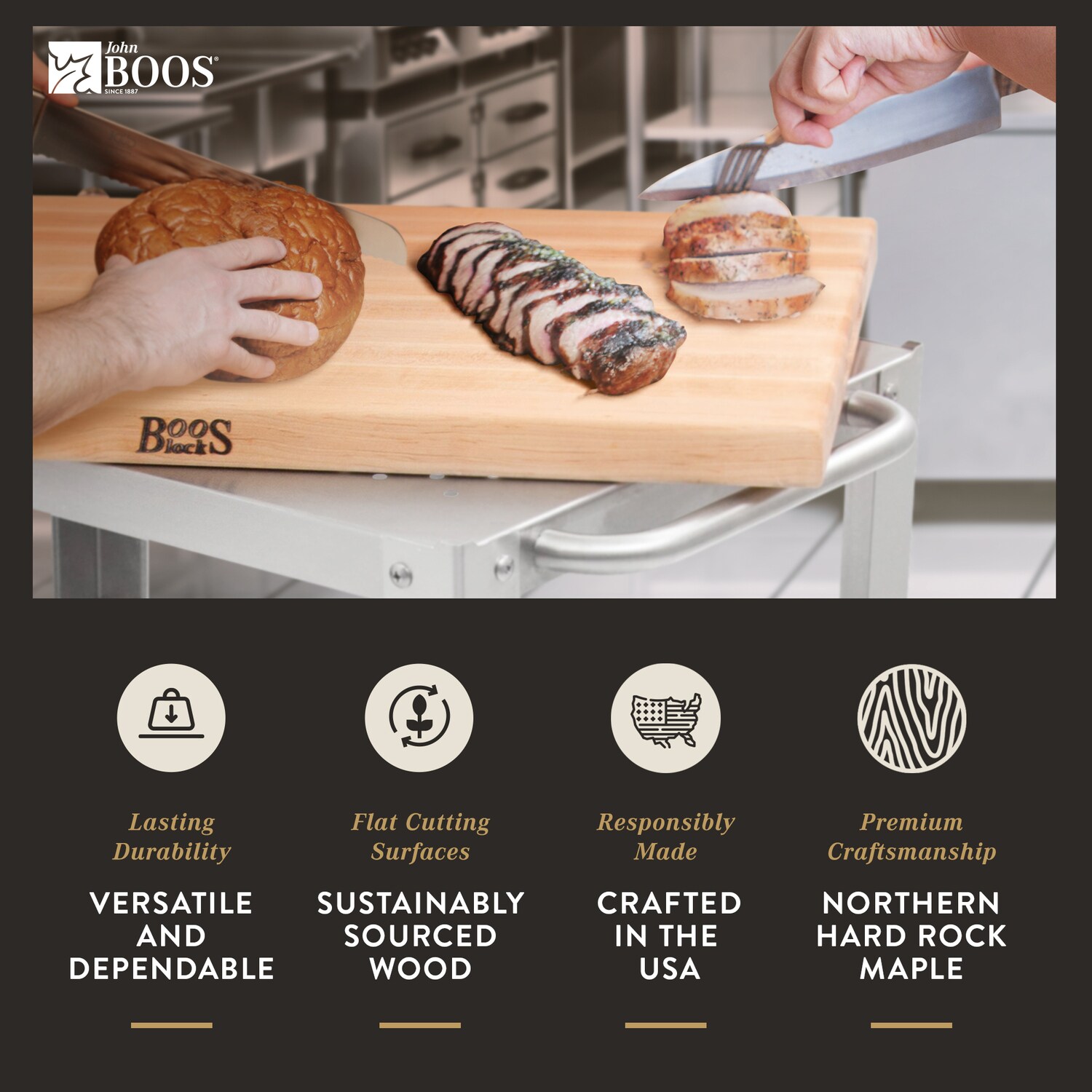 Maple Wood Butcher Block Kitchen Cart with Stainless Steel Frame