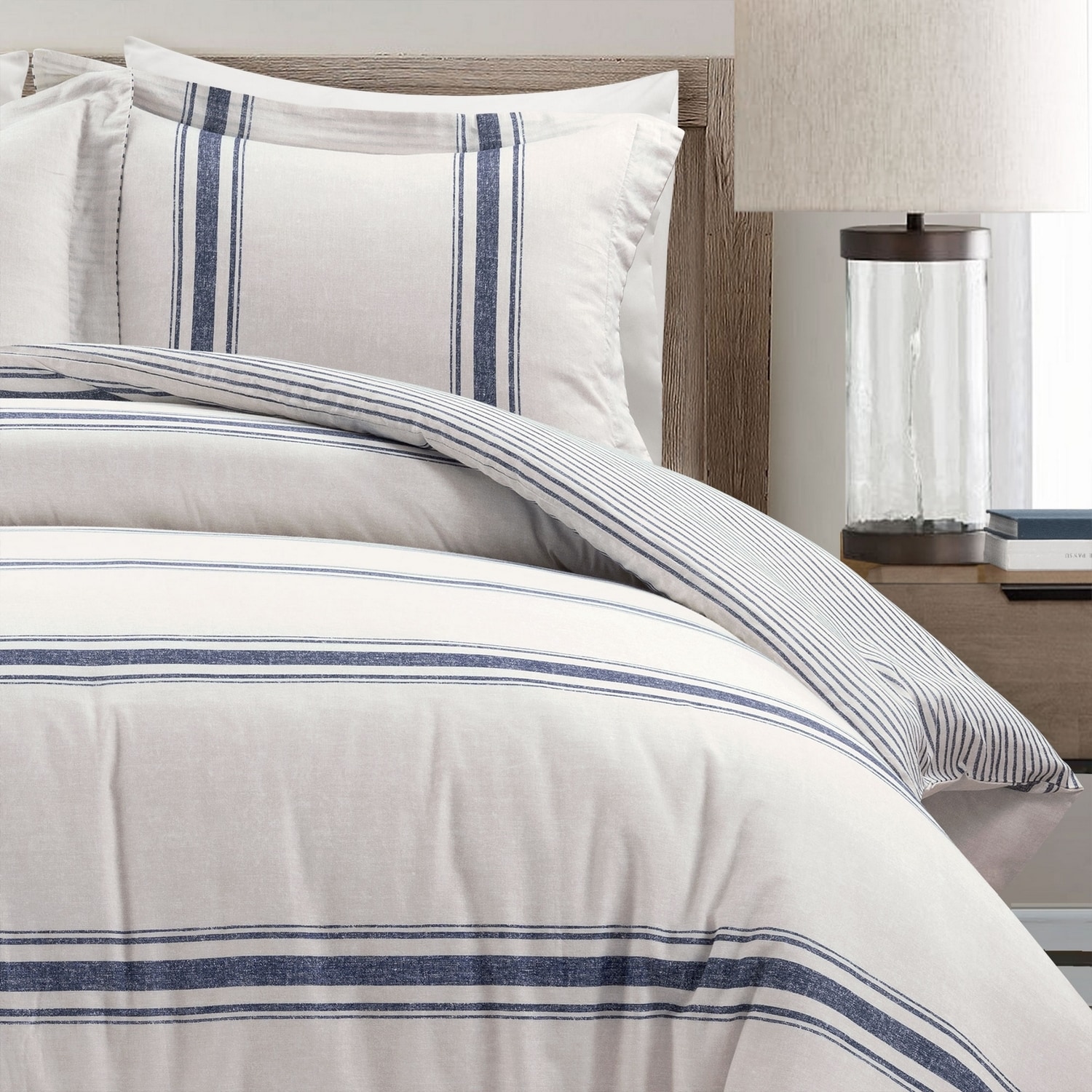 King Navy Cotton Farmhouse Stripe Reversible Duvet Cover Set