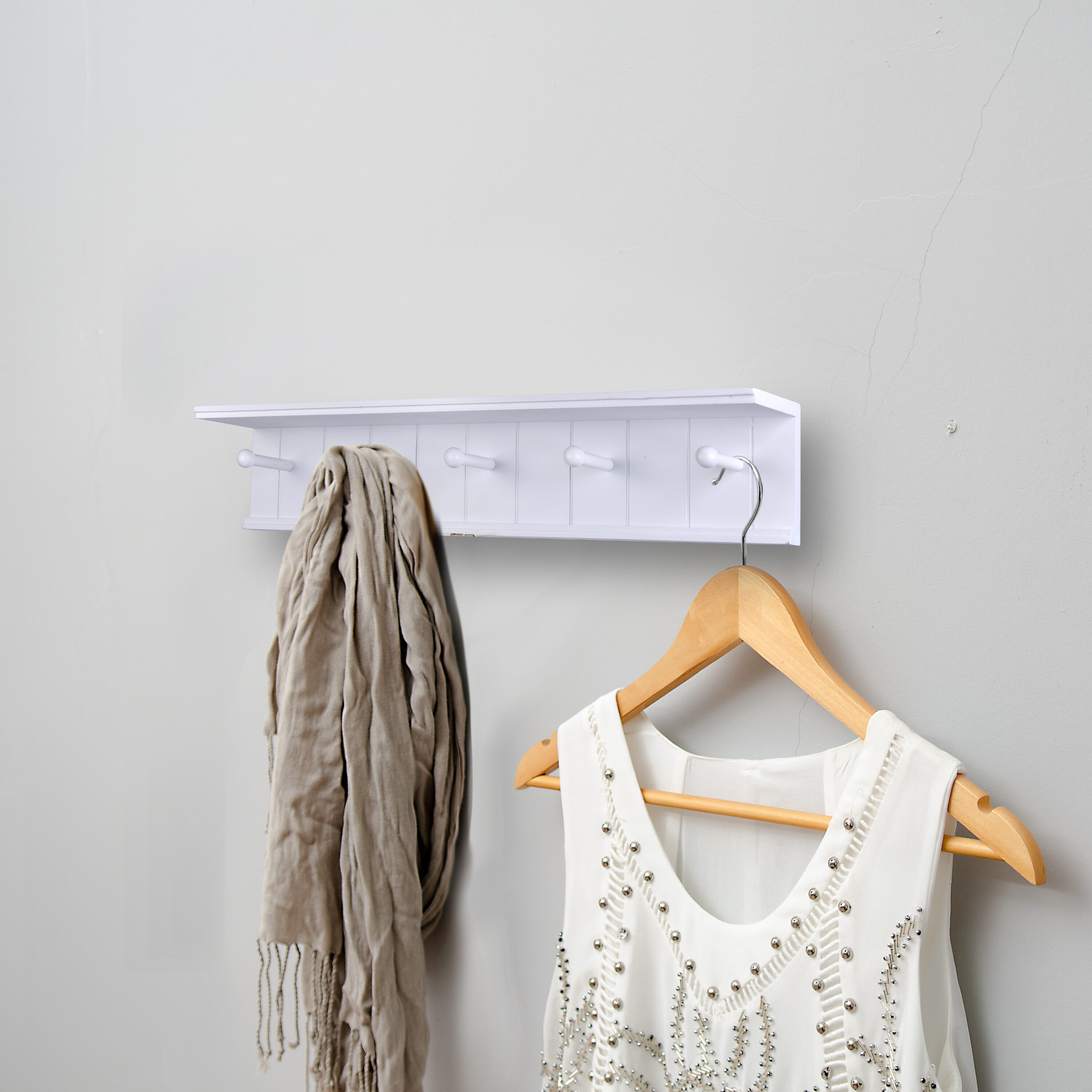 Danya B. Wall-Mounted Coat Rack with Ledge Shelf in White