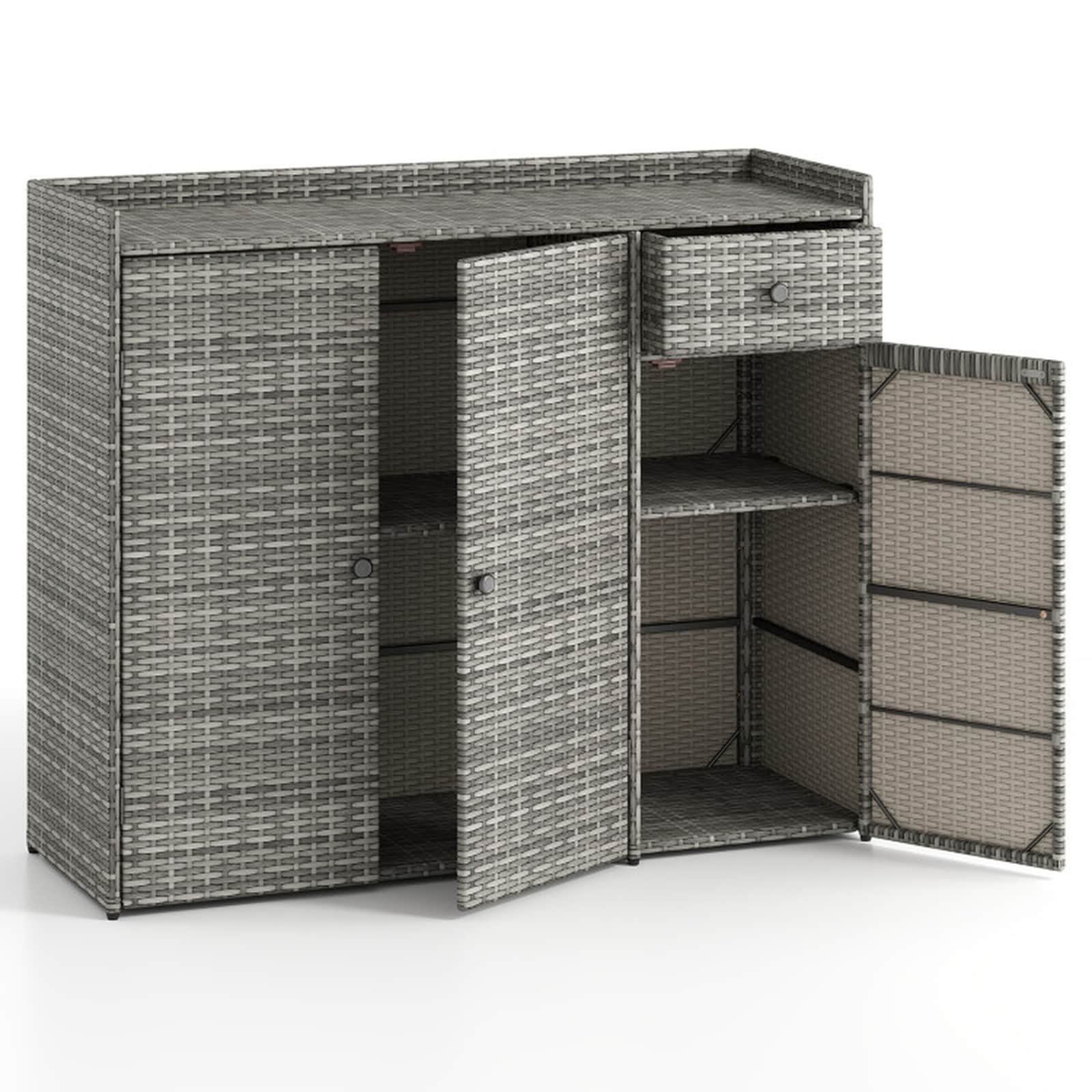 SUGIFT - 48-in Outdoor Wicker Storage Cabinet with 3 Doors 2 Adjustable Shelves and Drawer PE Rat...