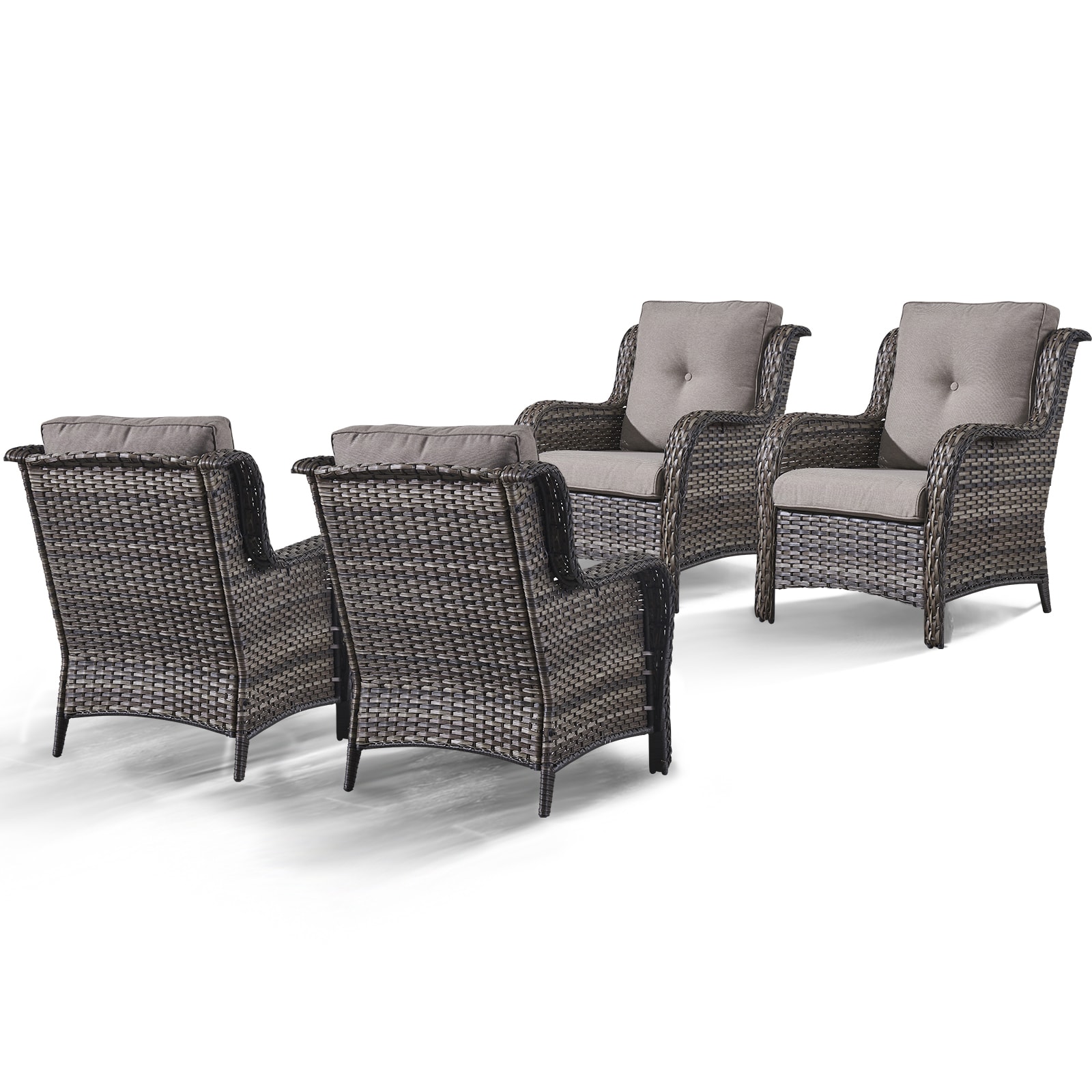 Rilyson FS017-2X2 Curved armrest Set of 4 Wicker Gray Wicker Frame Stationary Conversation Chair with Gray Gray Cushioned Seat