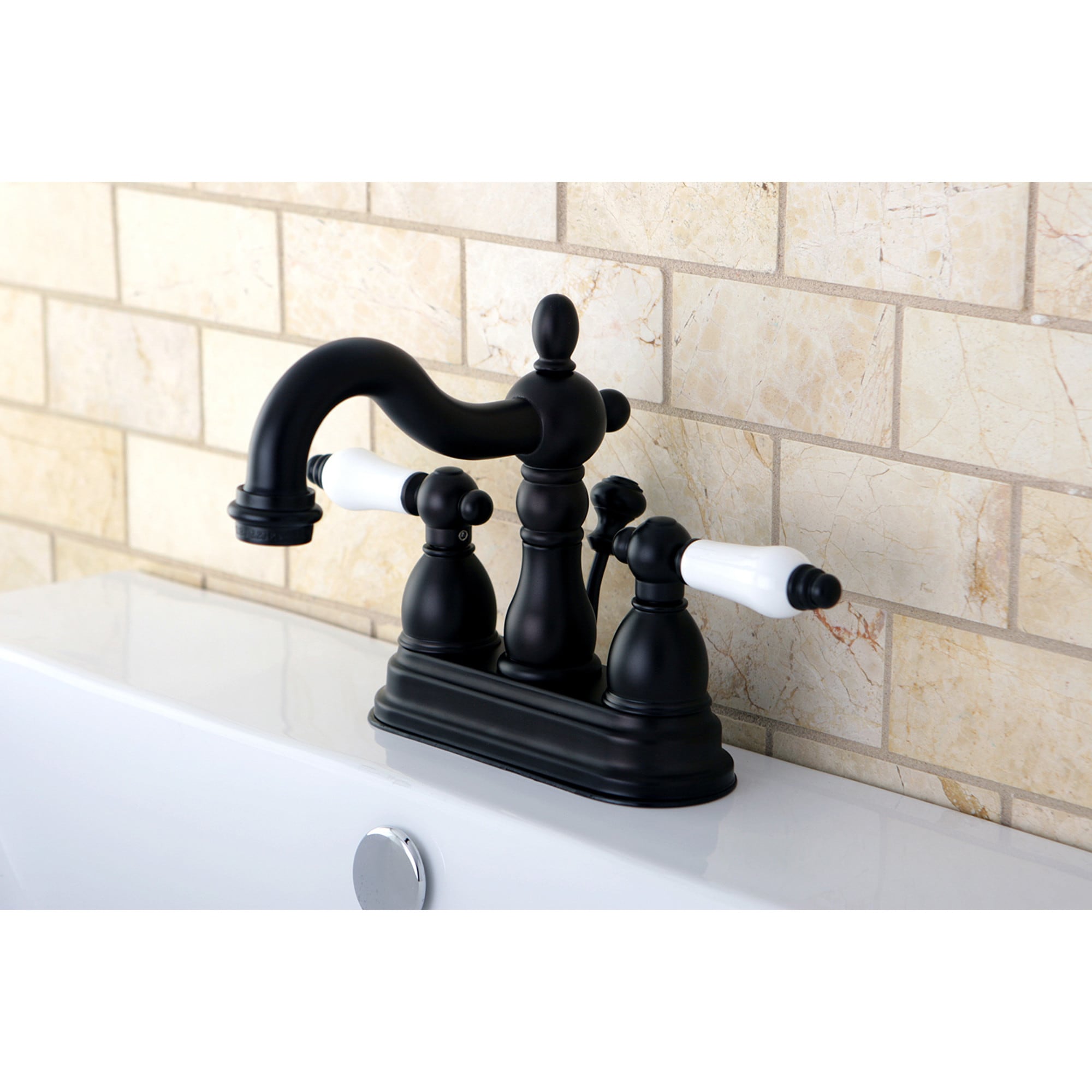 Kingston Brass WLKB1605PL Georgian Oil-rubbed bronze 4-in centerset 2-handle Mid-arc Residential Handle Bathroom Sink Faucet with Drain