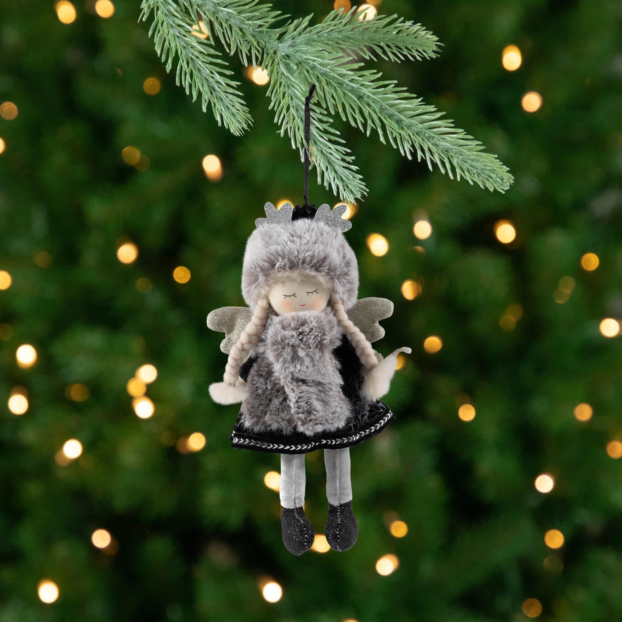 Northlight Plush Winter Angel Girl Hanging Christmas Ornament - 8.5 inch - Gray and Black