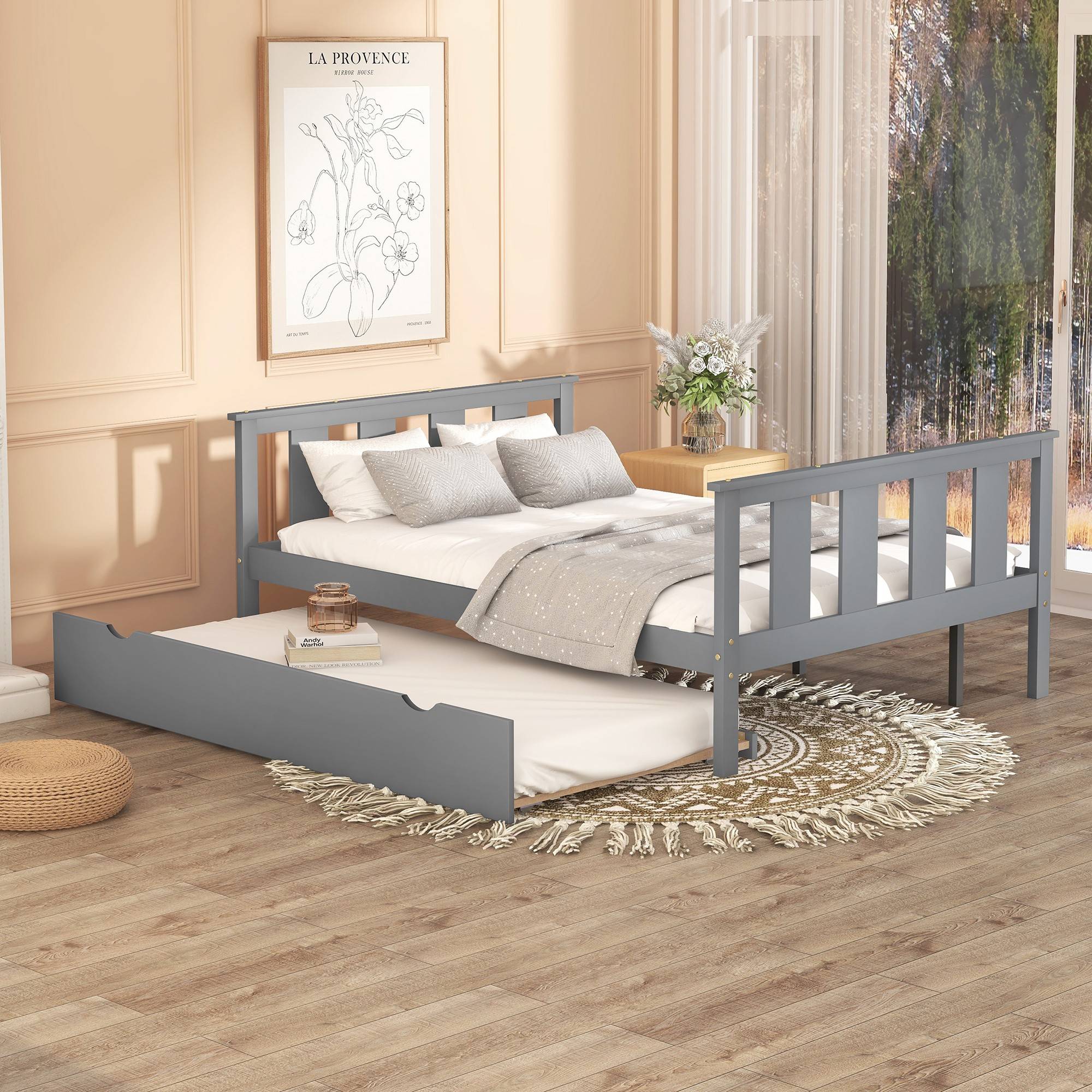 Yiekholo Full Bed with Trundle, Gray, Contemporary Style, Wood Frame ...