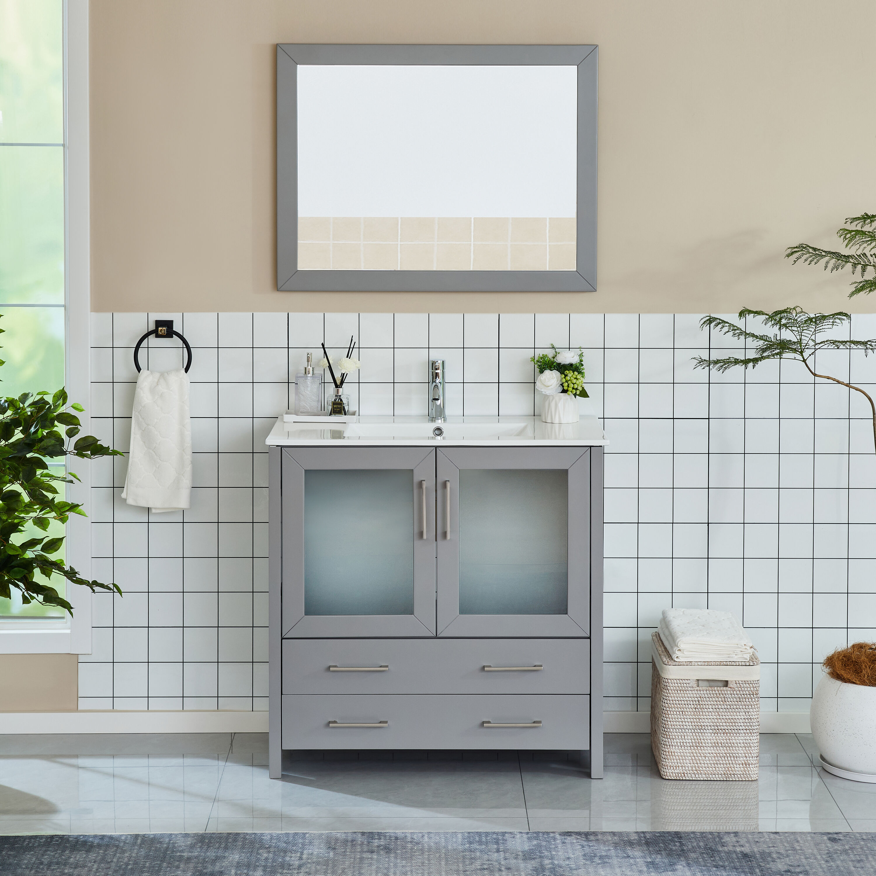 Vanity Art VA3036-G Brescia 36-in Grey Undermount Single sink Bathroom Vanity with White Ceramic Top (Mirror Included)