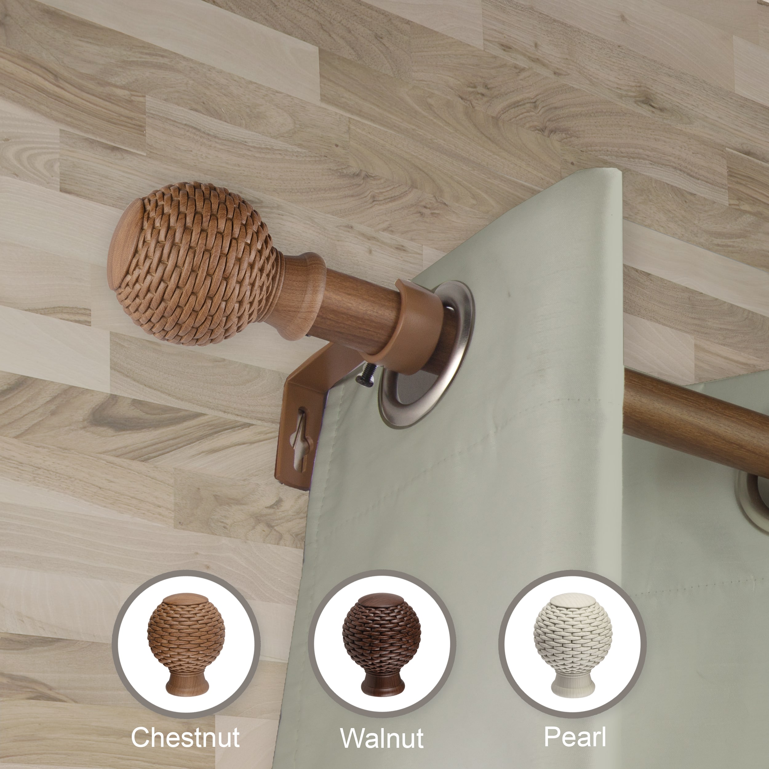 Hart & Harlow L-W100-76-160W3 Blakely 1-in Faux Wood 160-in to 240-in Chestnut Steel Single curtain rod with Finials