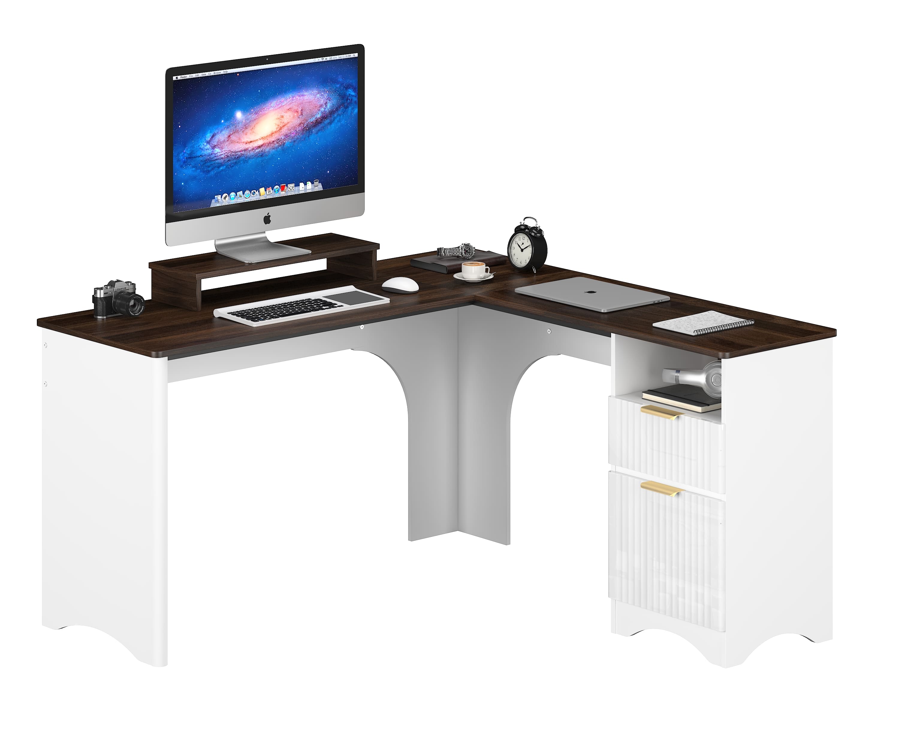 Bestier LOW-H106314M-WALT 55.12-in W 2-Drawer Walnut Computer Desk with Monitor Stand and Fluted Panels