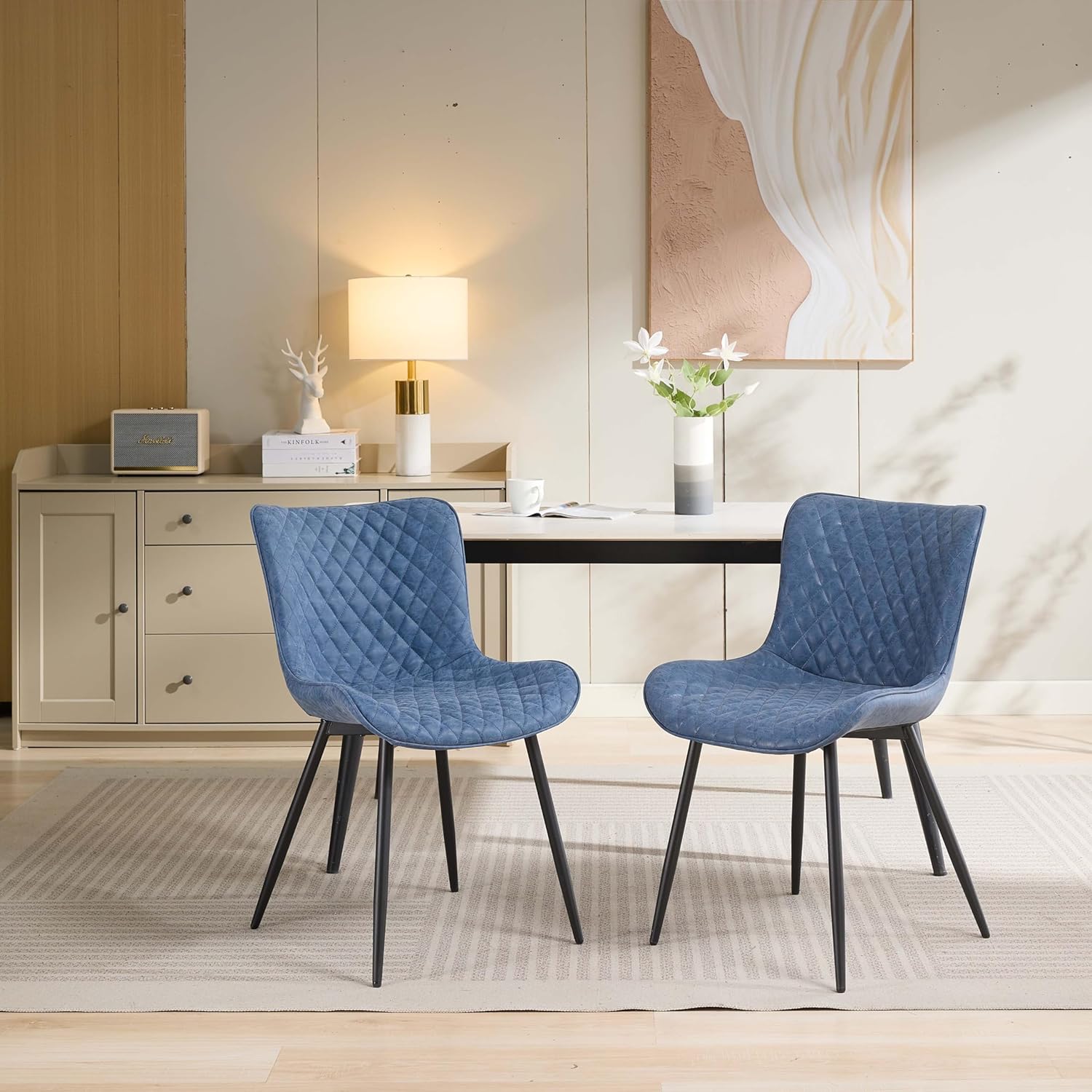 Qeetex PHO-13VIVX13-HNN Set of 2 Blue Diamond Faux Leather Dining Chairs with Metal Legs and Comfy Backrest for Dining Room