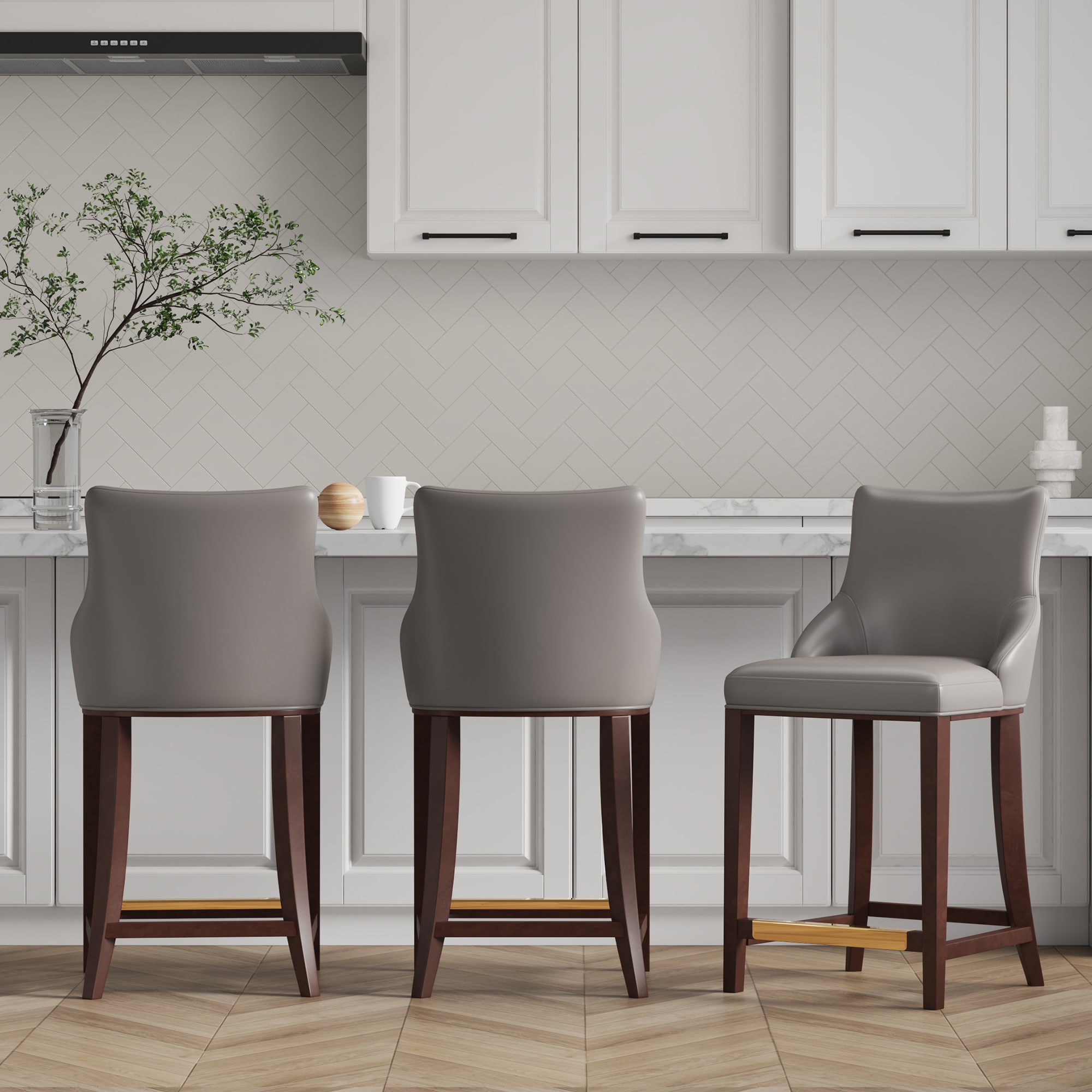 Manhattan Comfort 3-CS016-DT Set of 3 Dark Taupe 25.98-in H Counter height (24-in to 27-in) Square Seat Upholstered Wood Back Bar Stool Back